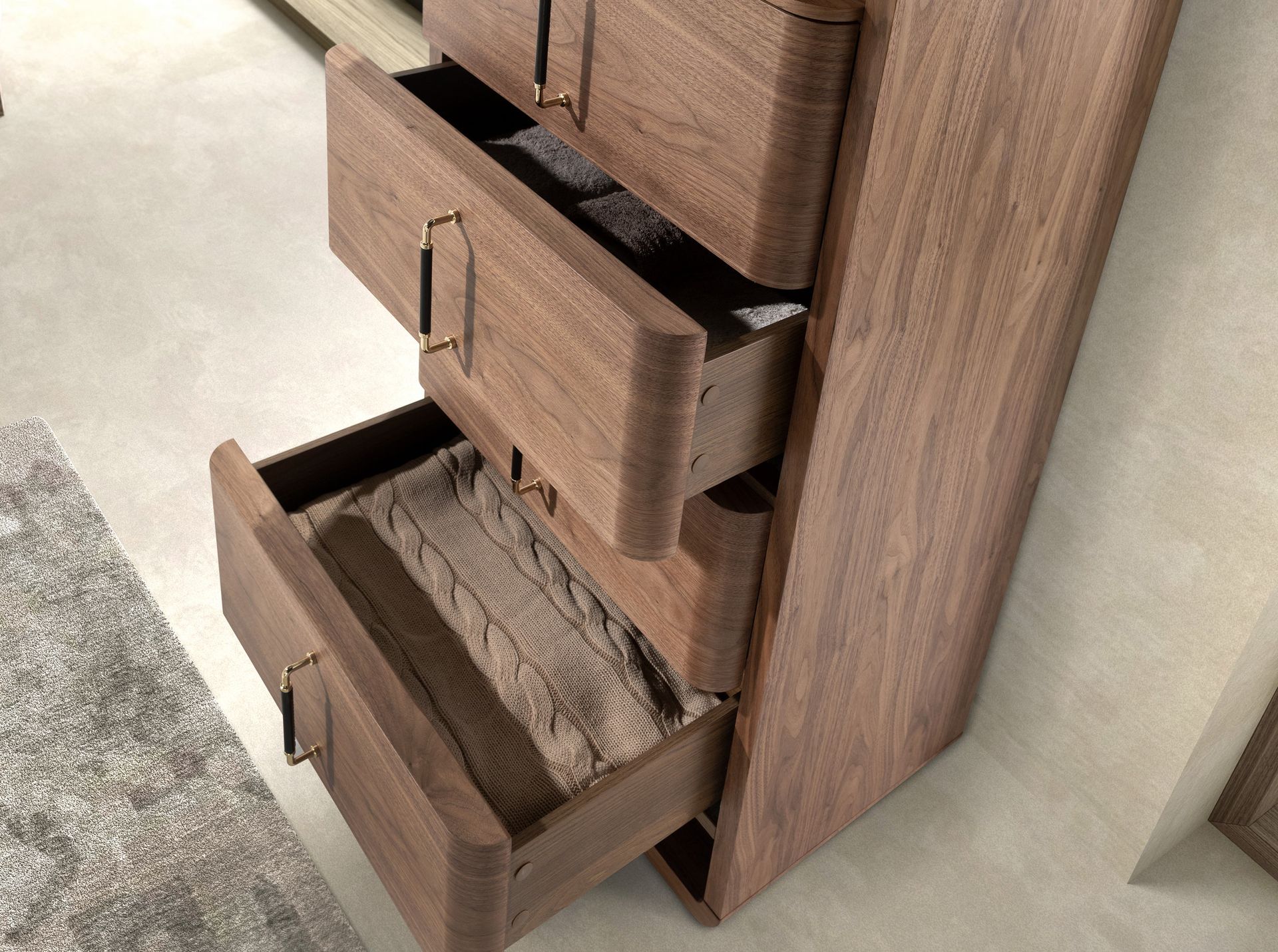 Walnut and black PVC chest of drawers
