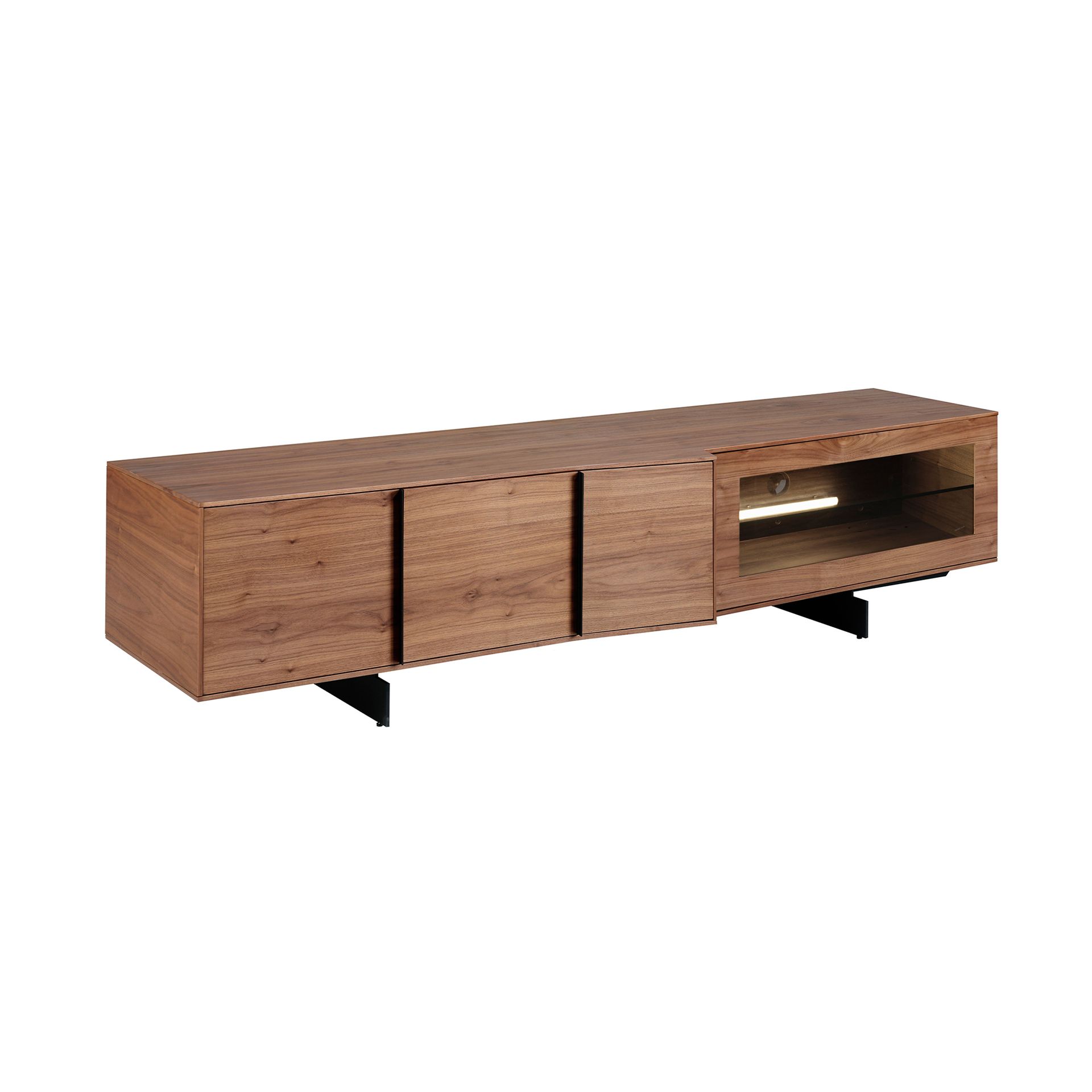 Walnut and black steel TV cabinet with interior lighting