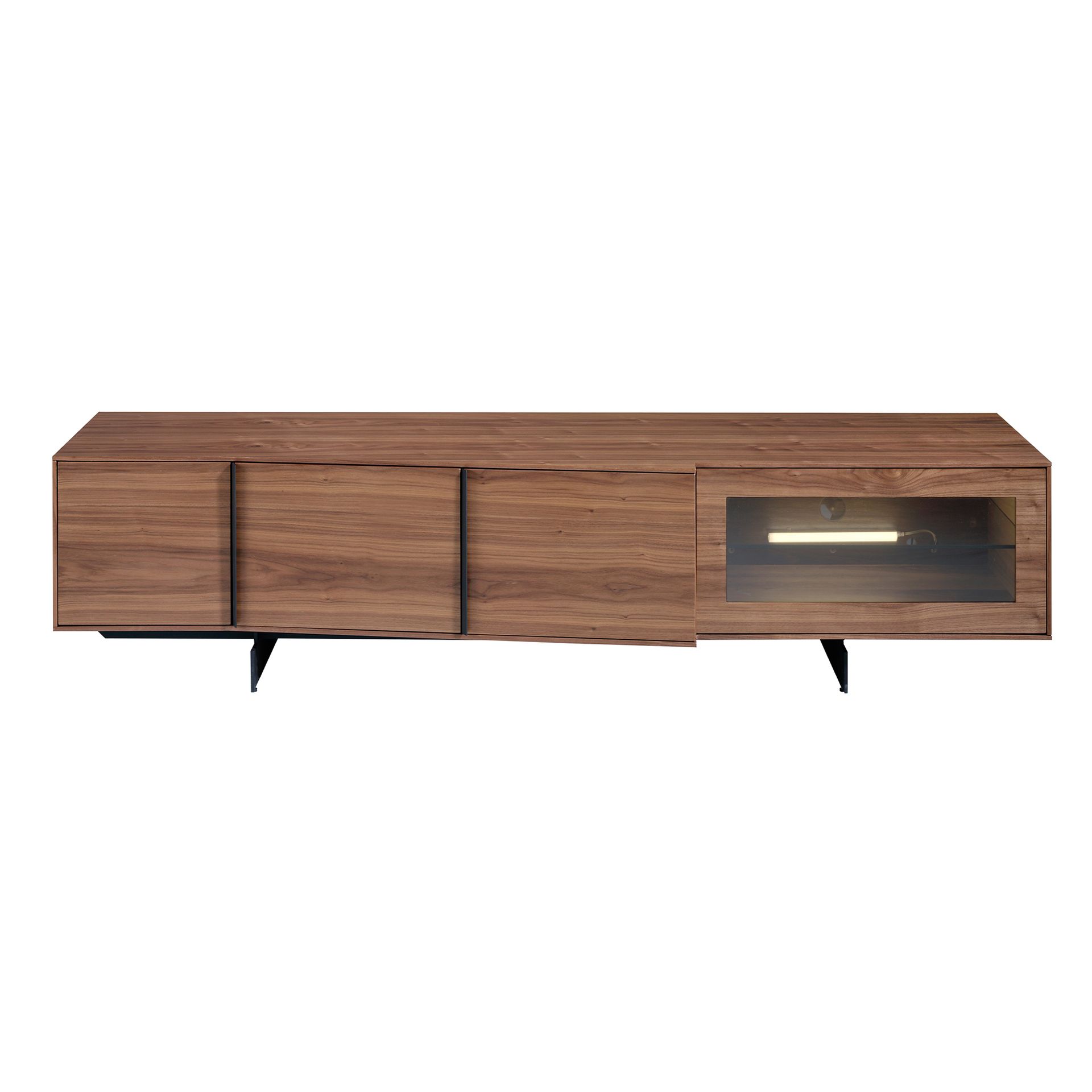Walnut and black steel TV cabinet with interior lighting