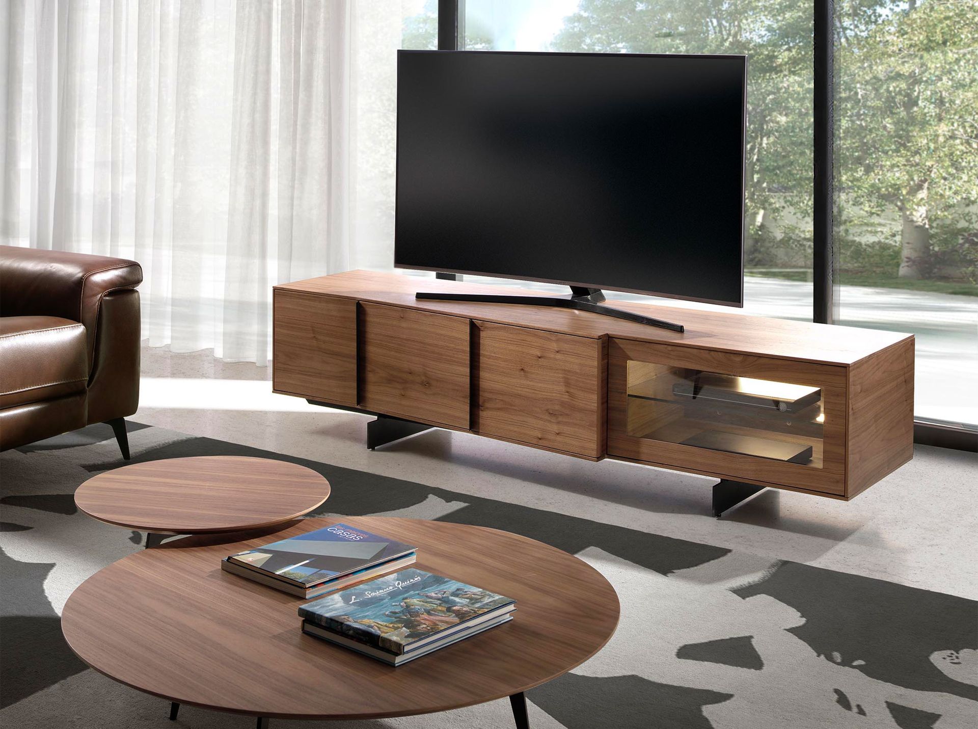 Walnut and black steel TV cabinet with interior lighting