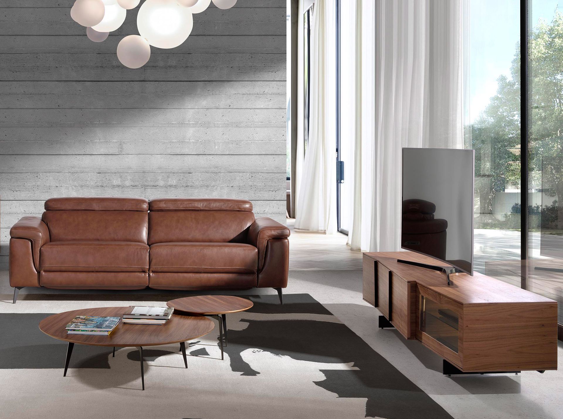 Walnut and black steel TV cabinet with interior lighting