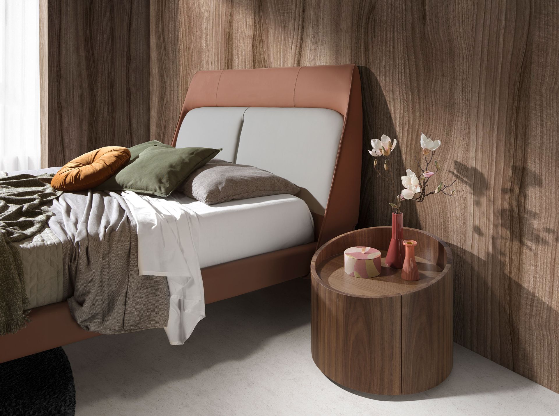 Walnut and black steel bedside table