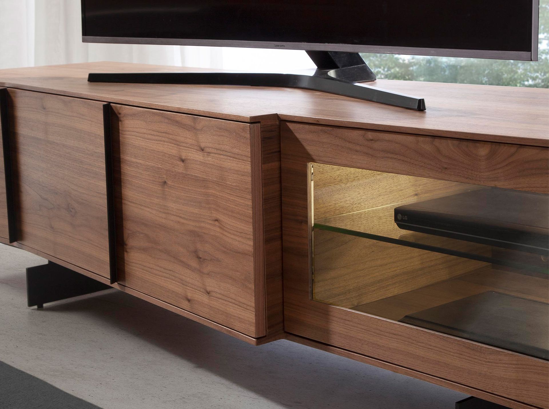 Walnut and black steel TV cabinet with interior lighting