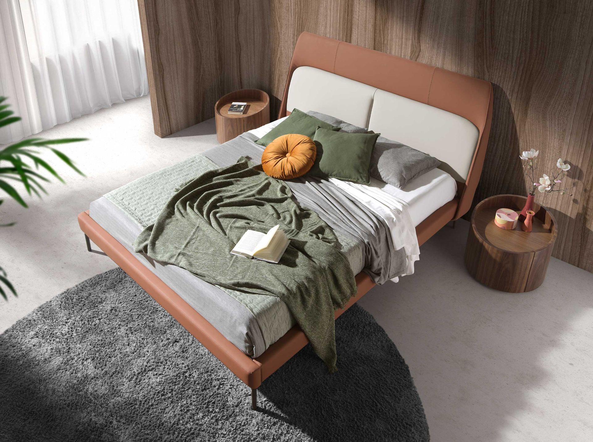 Walnut and black steel bedside table
