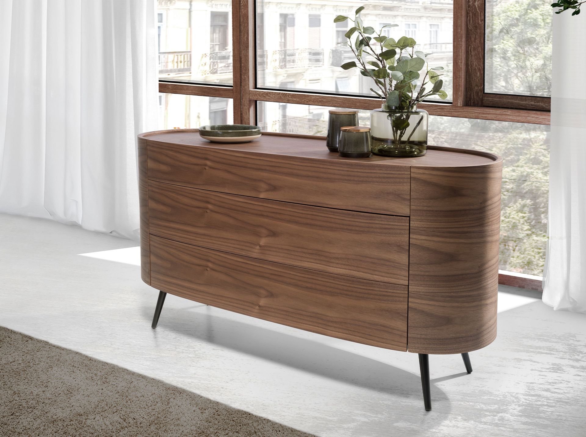 Walnut and black steel chest of drawers