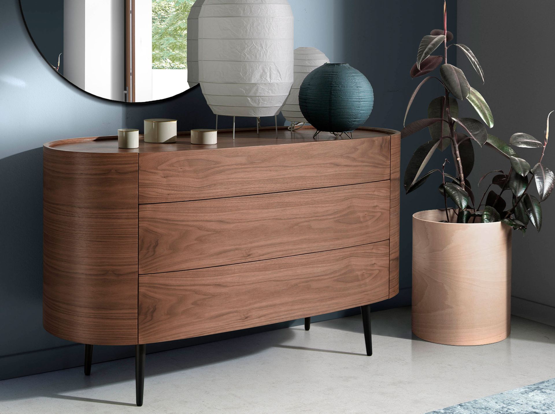 Walnut and black steel chest of drawers