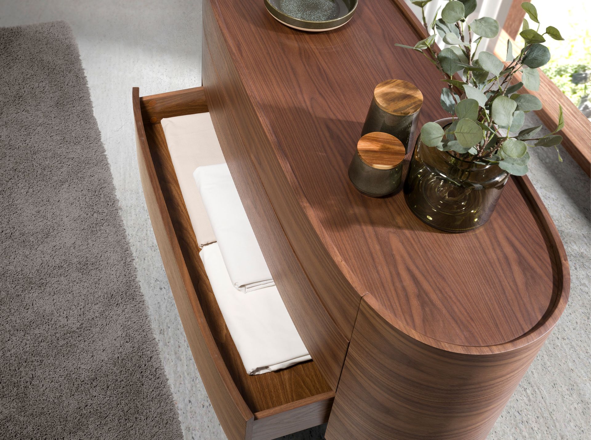 Walnut and black steel chest of drawers