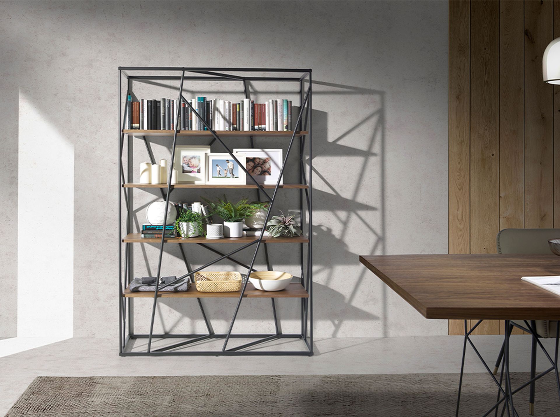 Walnut and black steel shelving
