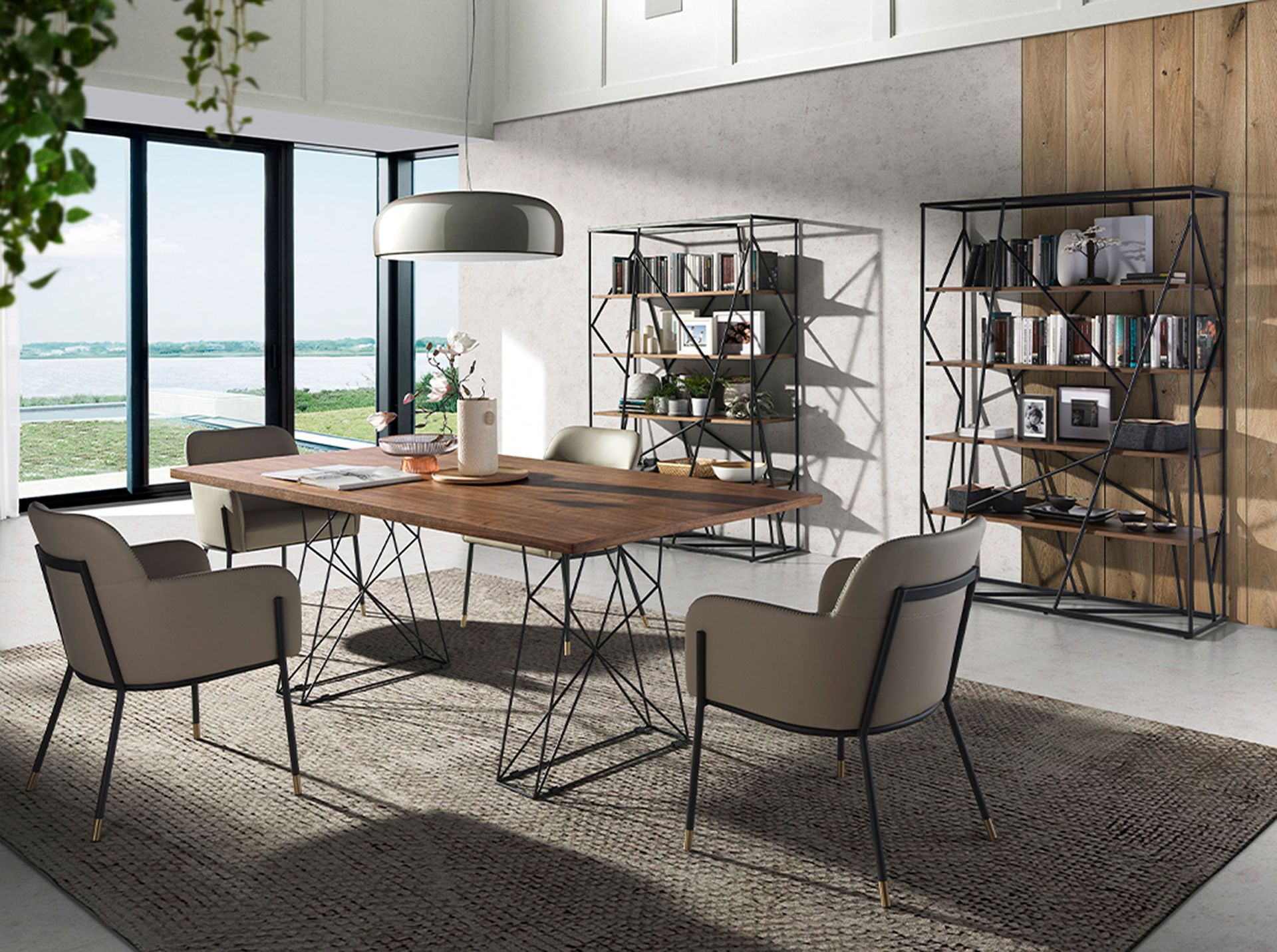 Walnut and black steel shelving