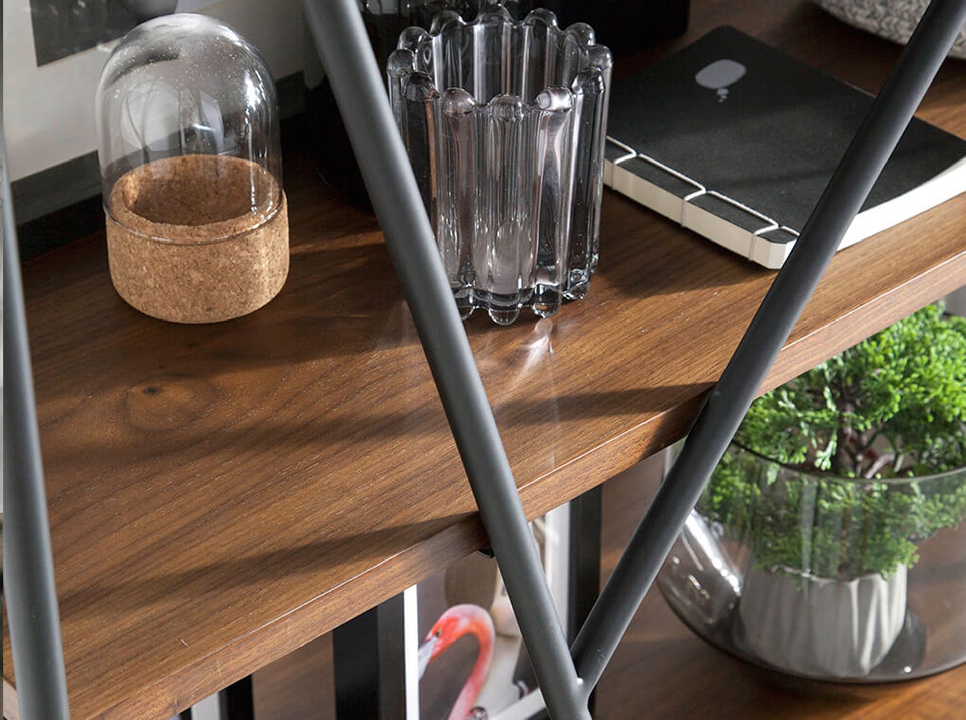 Walnut and black steel shelving