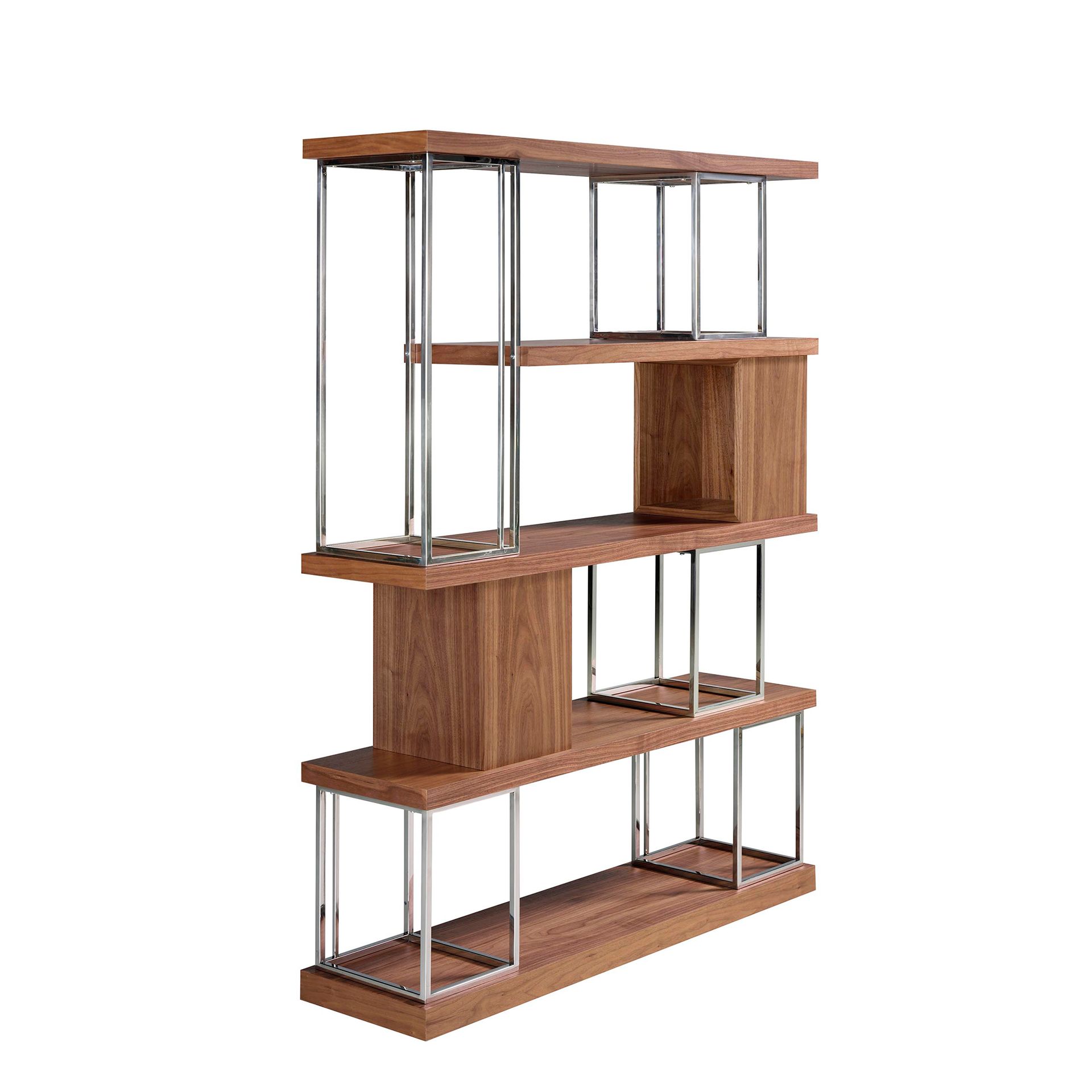 Walnut and chrome-plated stainless steel shelving unit