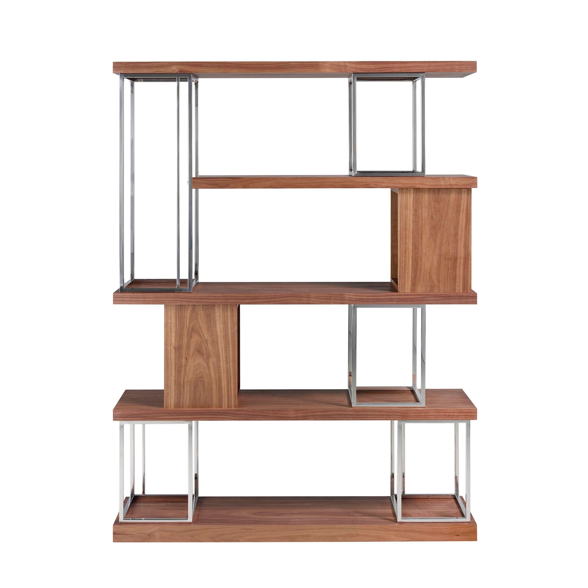 Walnut and chrome-plated stainless steel shelving unit