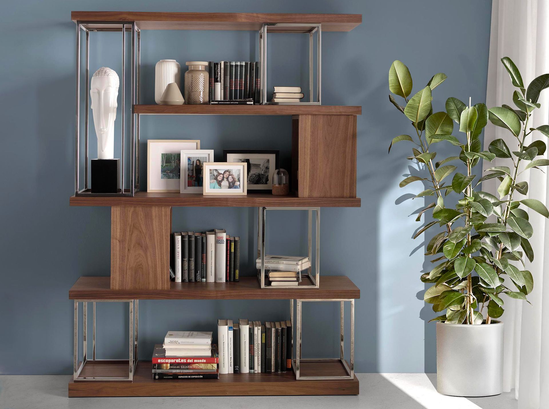 Walnut and chrome-plated stainless steel shelving unit