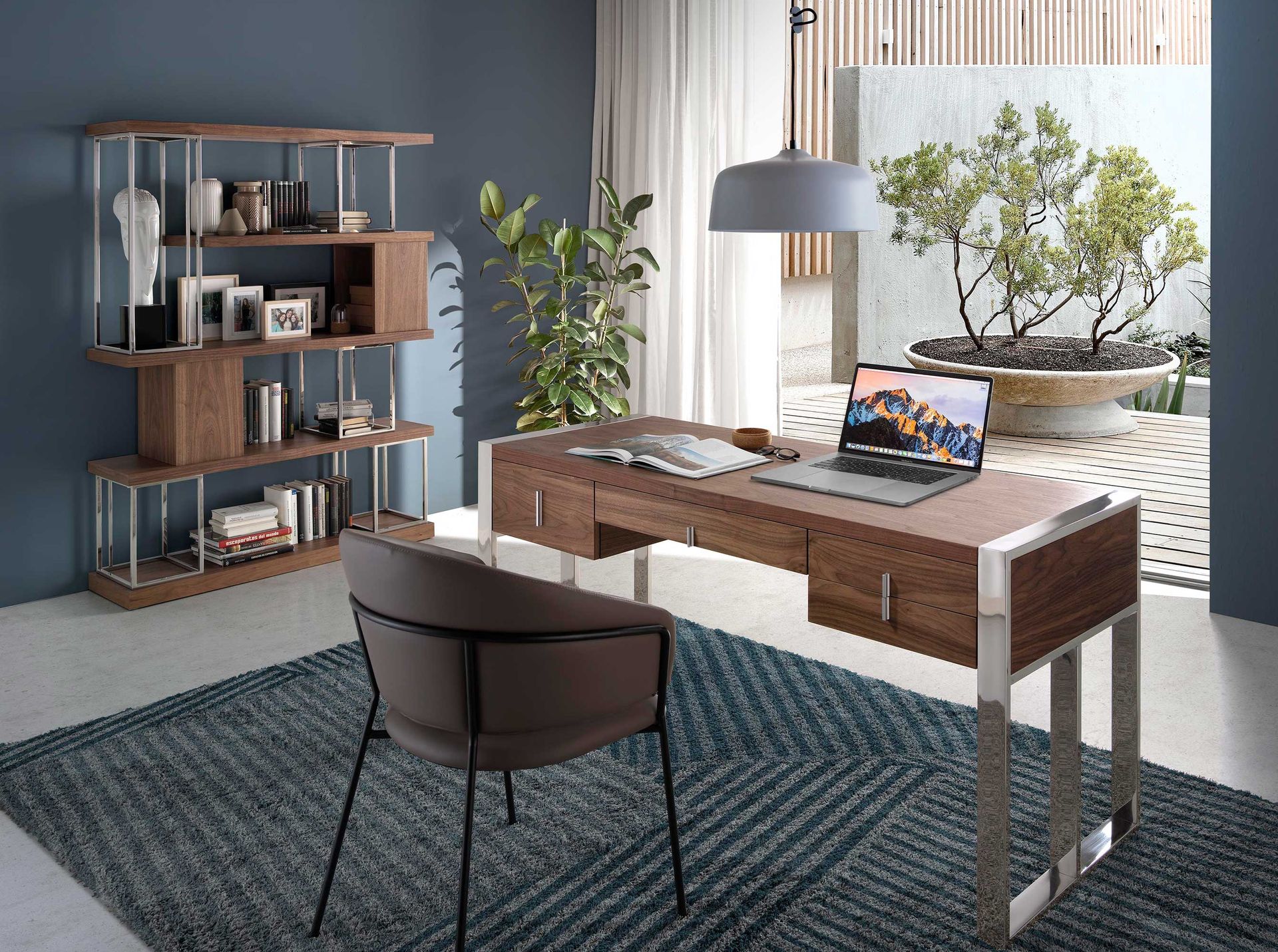 Walnut and chrome-plated stainless steel shelving unit