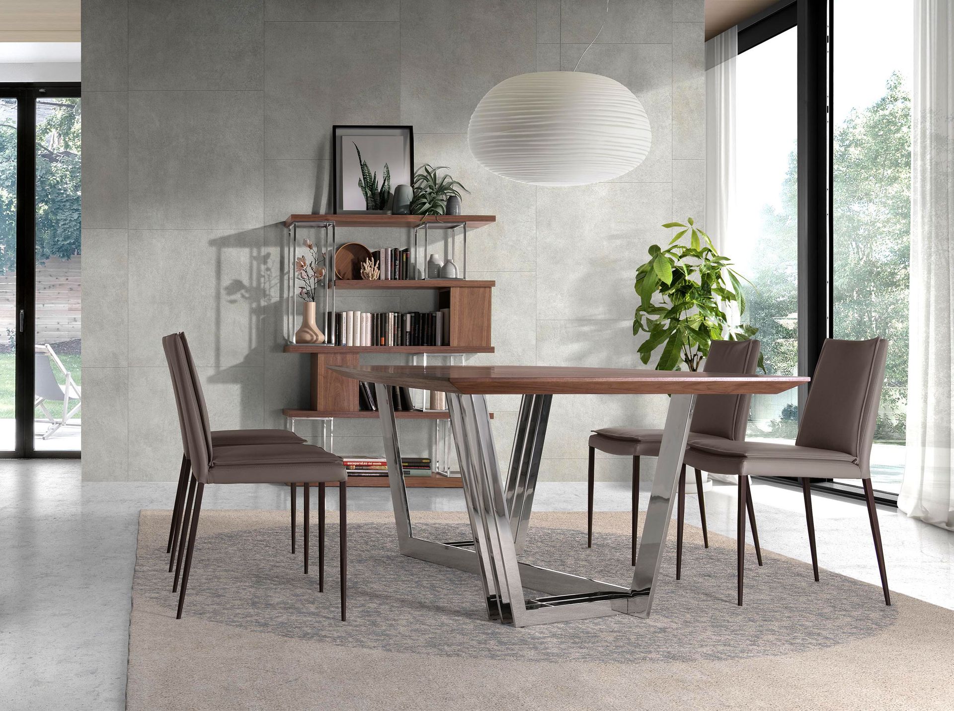 Walnut and chrome-plated stainless steel shelving unit