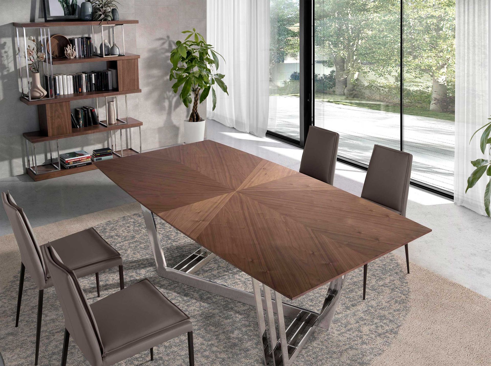 Walnut and chrome-plated stainless steel shelving unit
