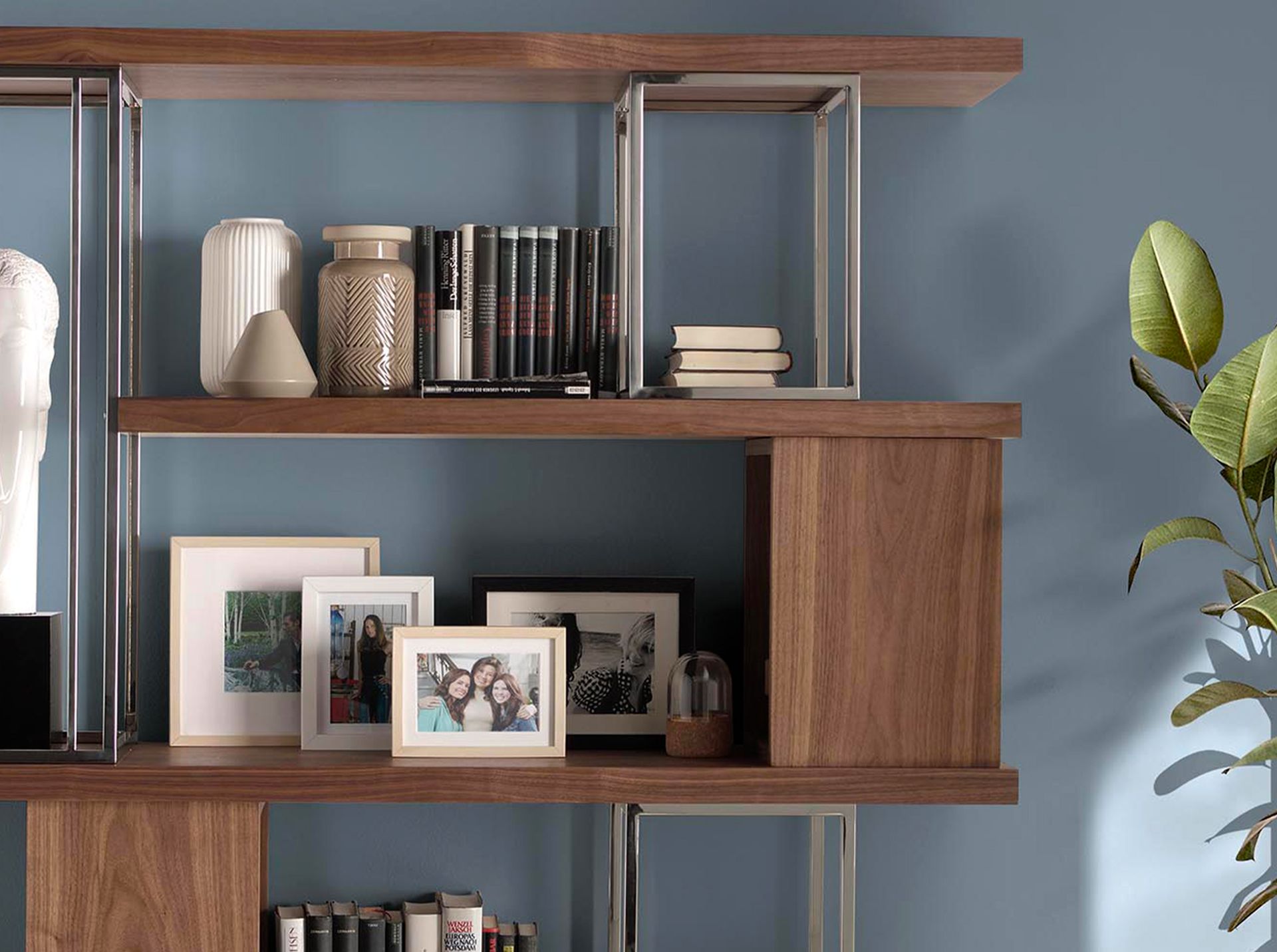 Walnut and chrome-plated stainless steel shelving unit