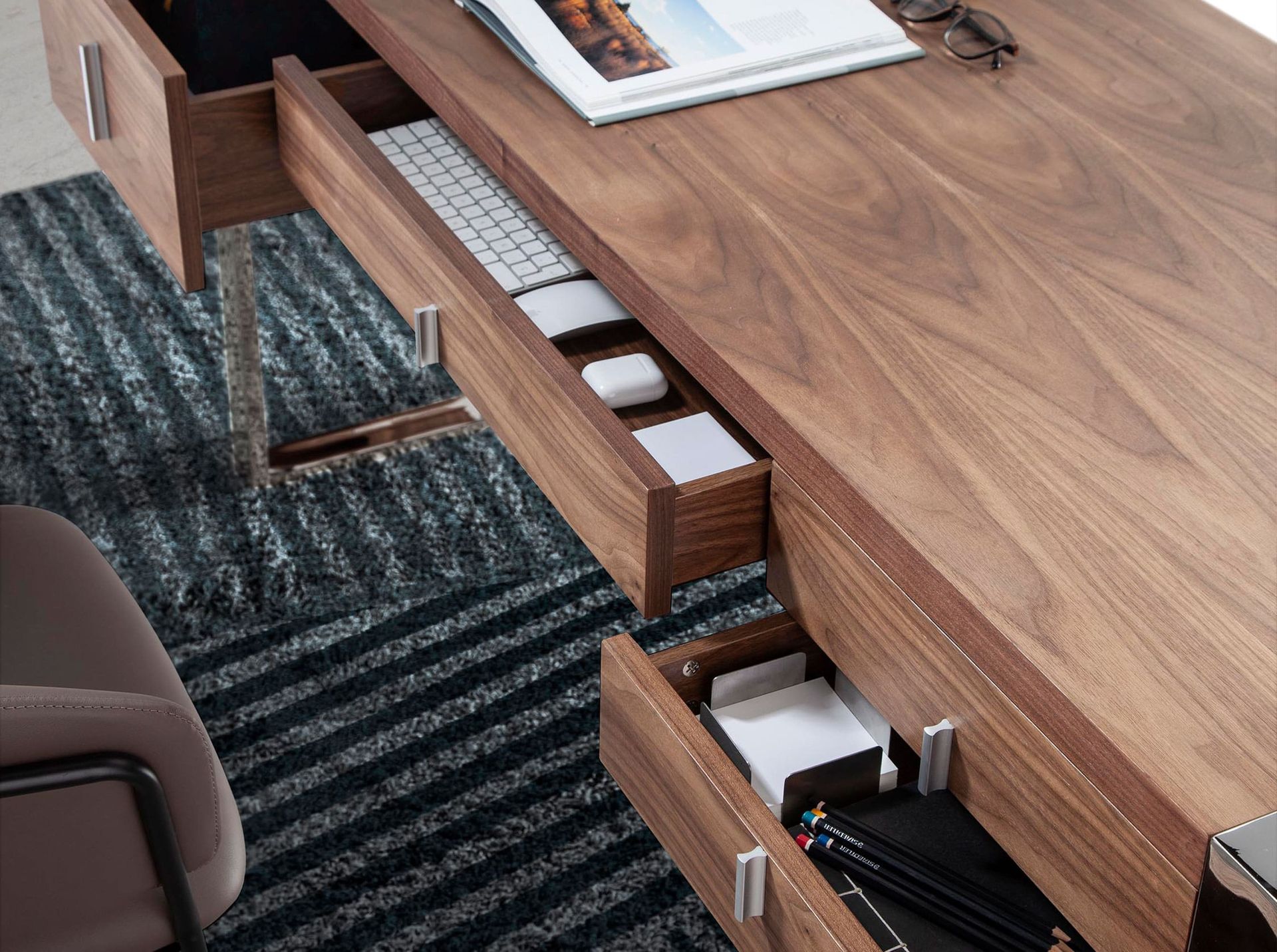 Walnut and chrome-plated steel desk