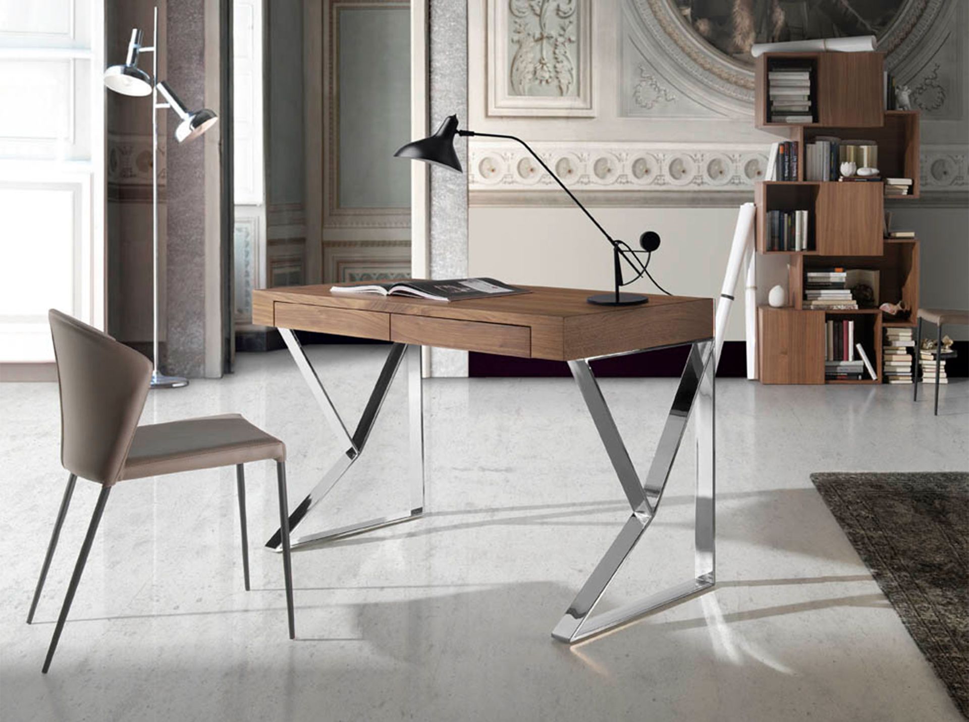 Walnut and chrome-plated steel desk