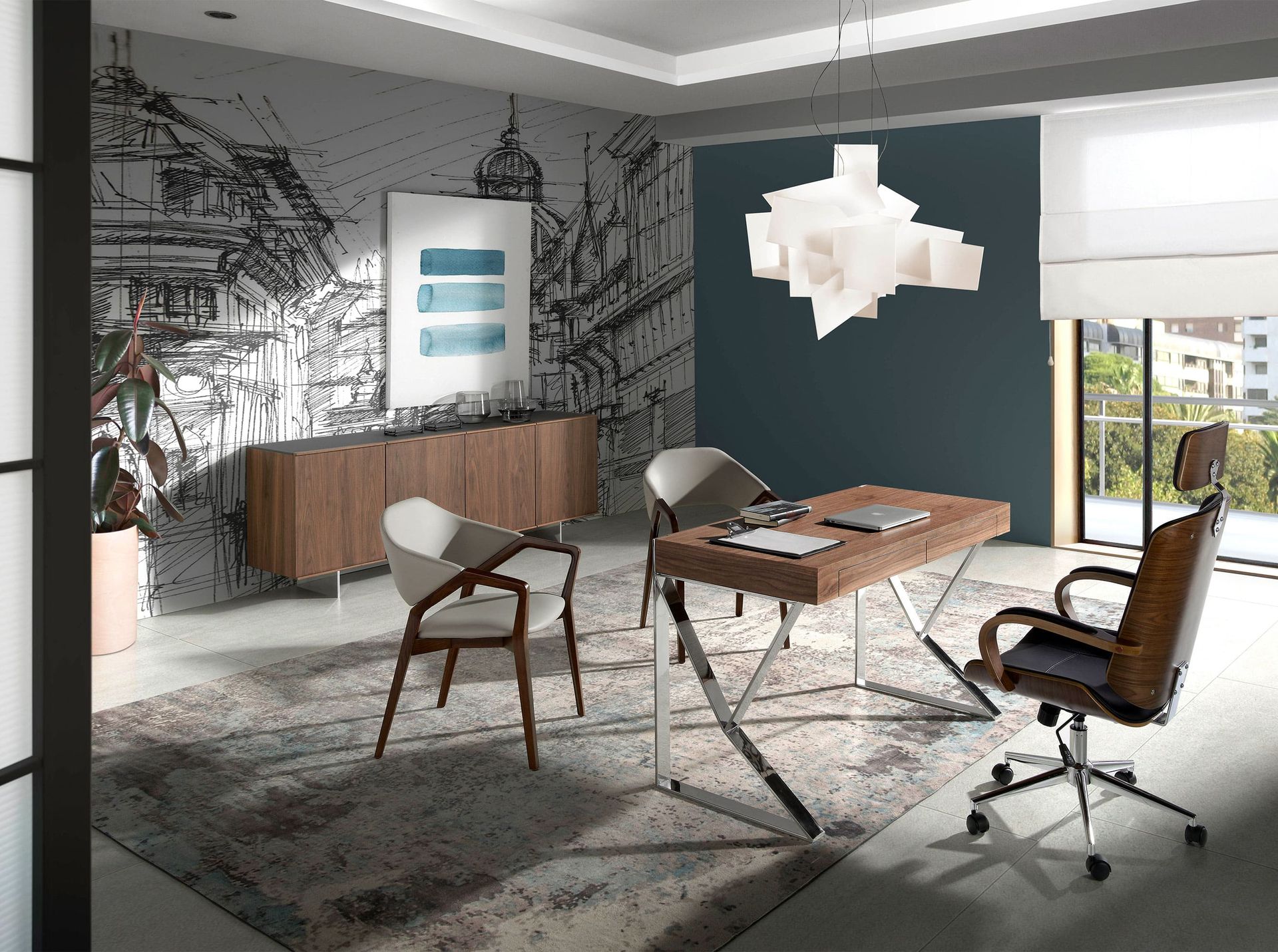 Walnut and chrome-plated steel desk