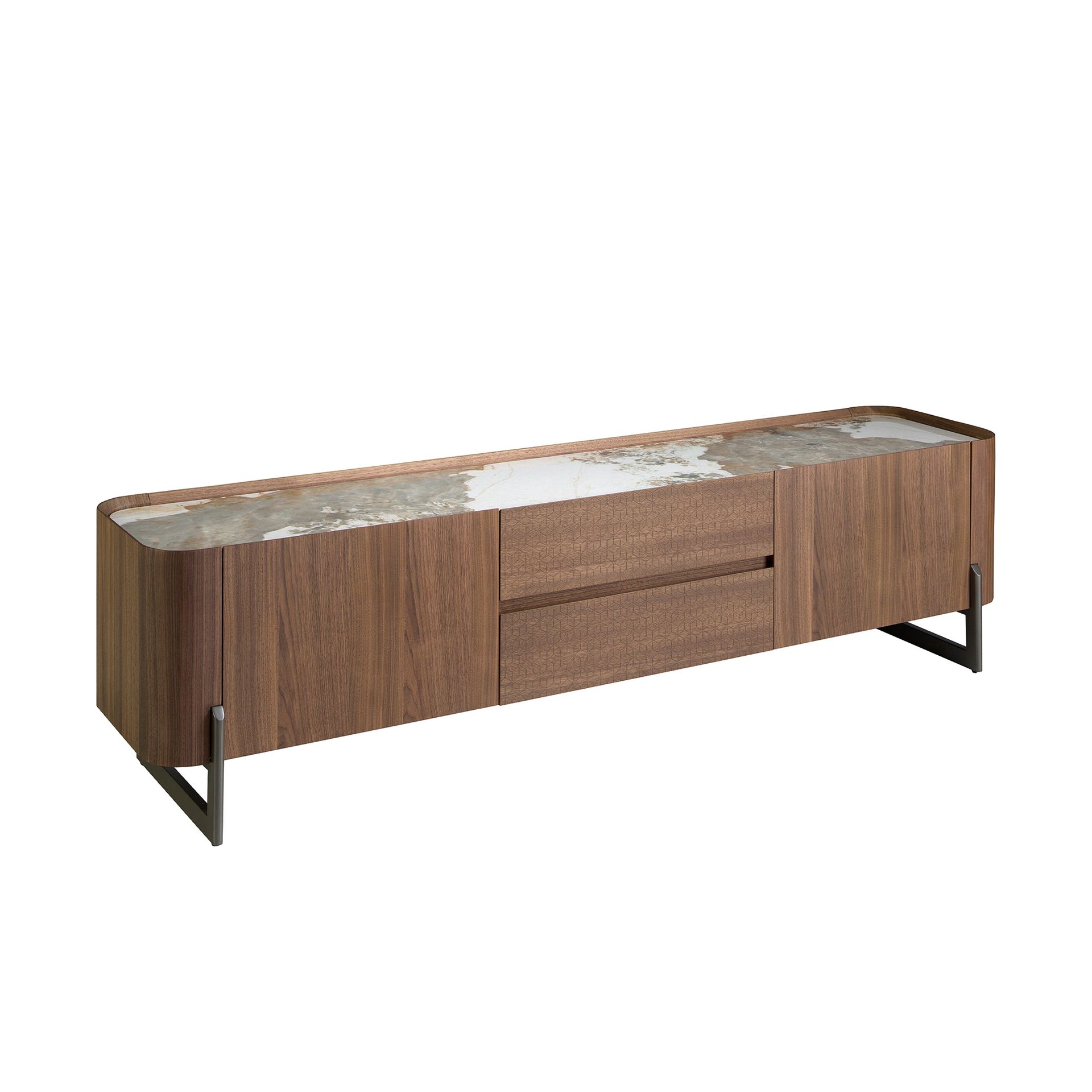 Walnut and dark metallised steel TV cabinet with porcelain marble top