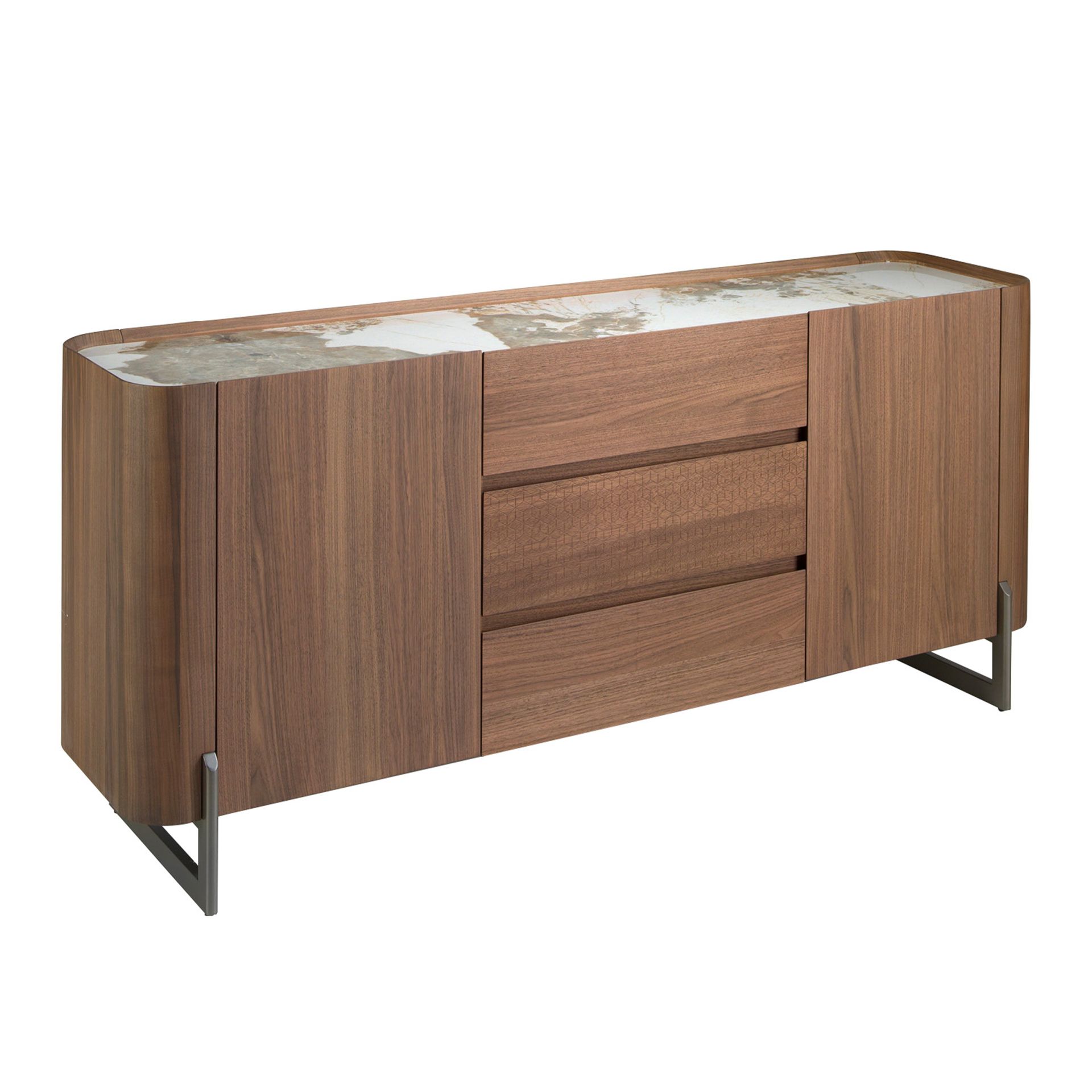 Walnut and dark metallised steel sideboard with porcelain marble top