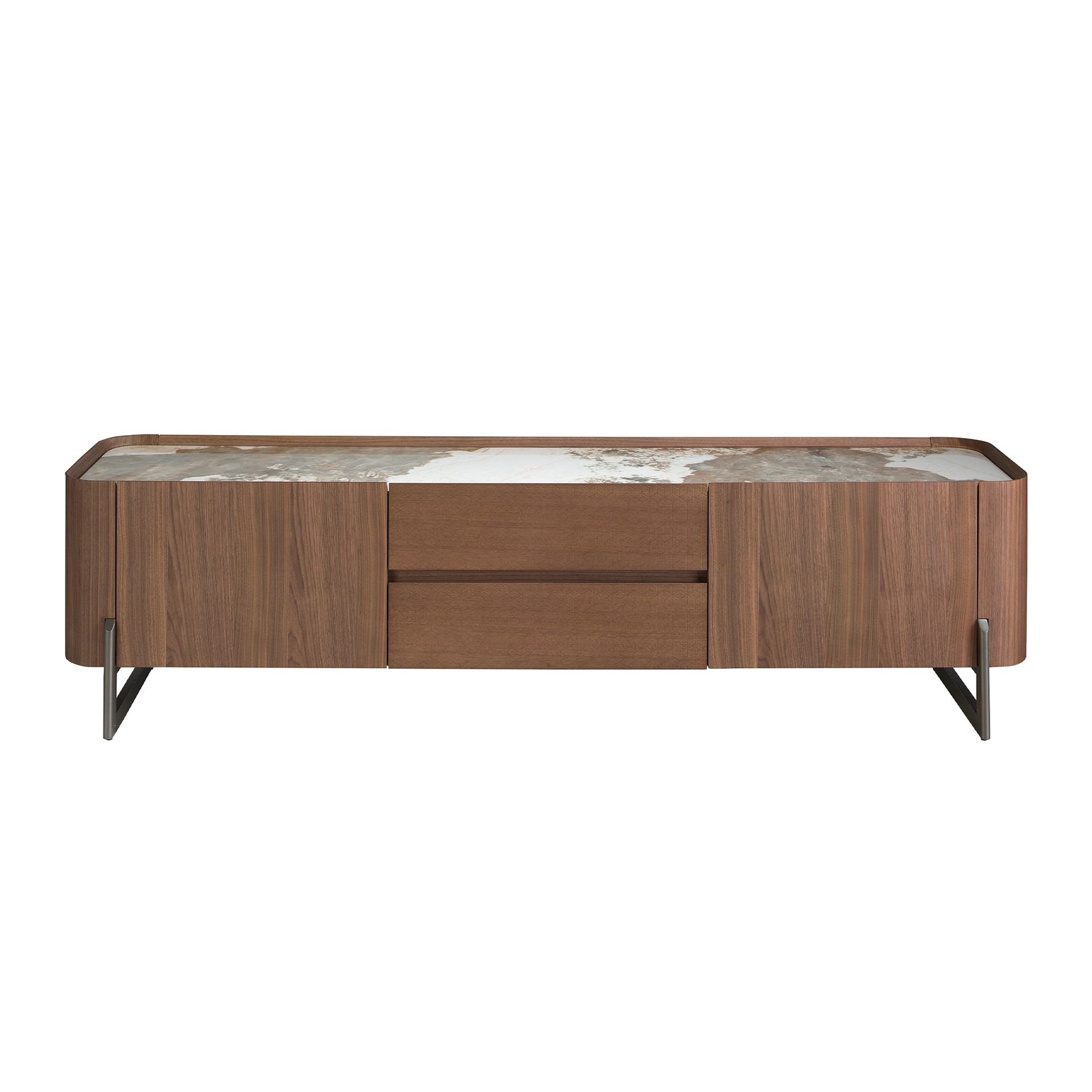 Walnut and dark metallised steel TV cabinet with porcelain marble top
