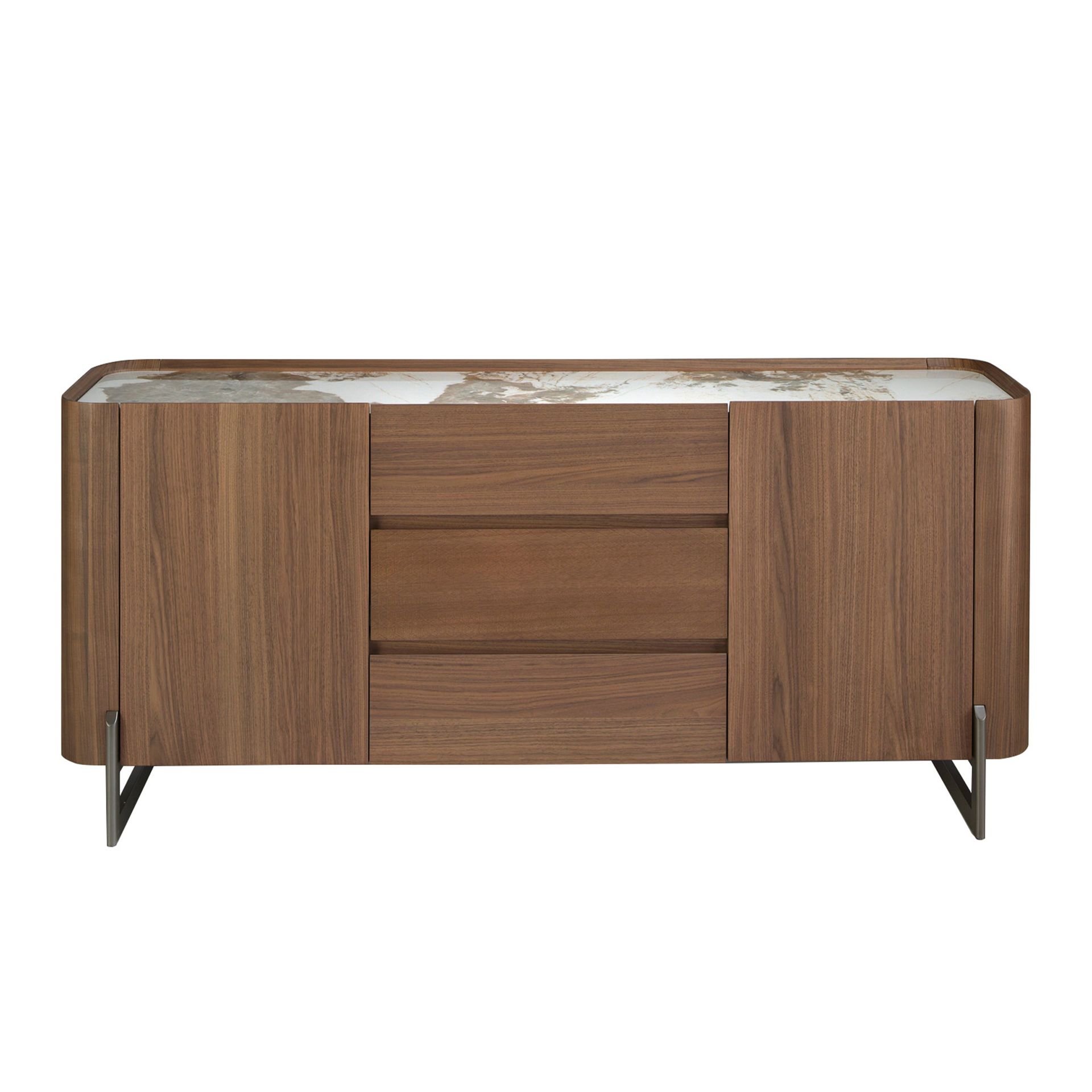 Walnut and dark metallised steel sideboard with porcelain marble top
