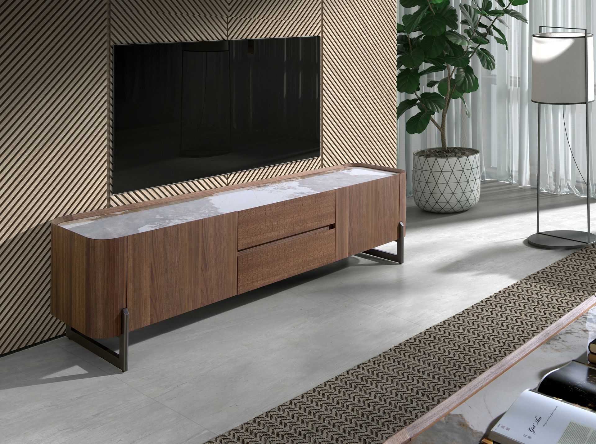 Walnut and dark metallised steel TV cabinet with porcelain marble top