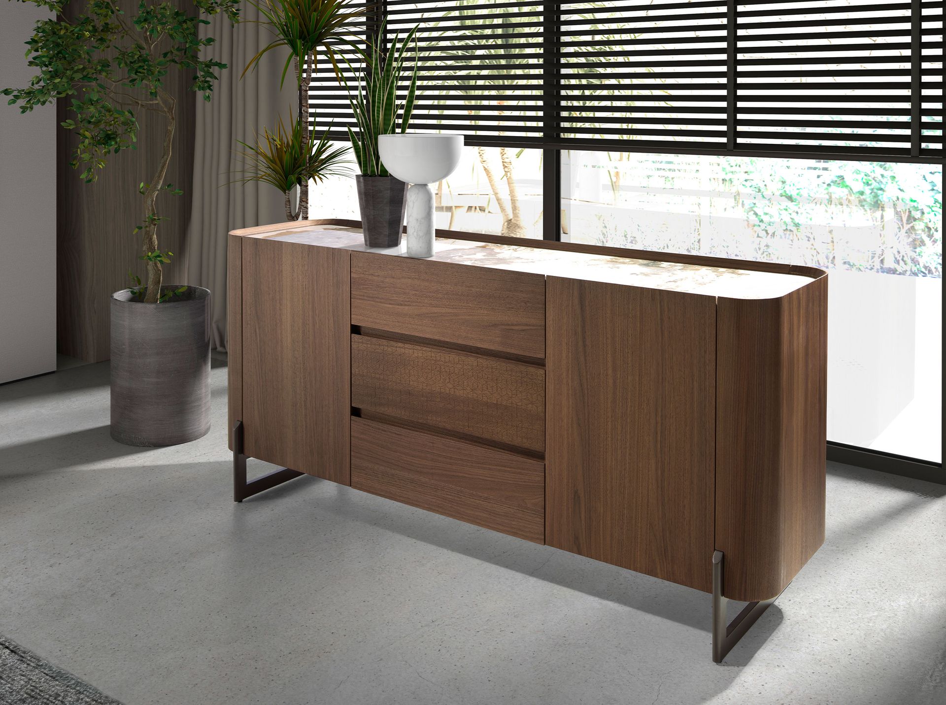 Walnut and dark metallised steel sideboard with porcelain marble top