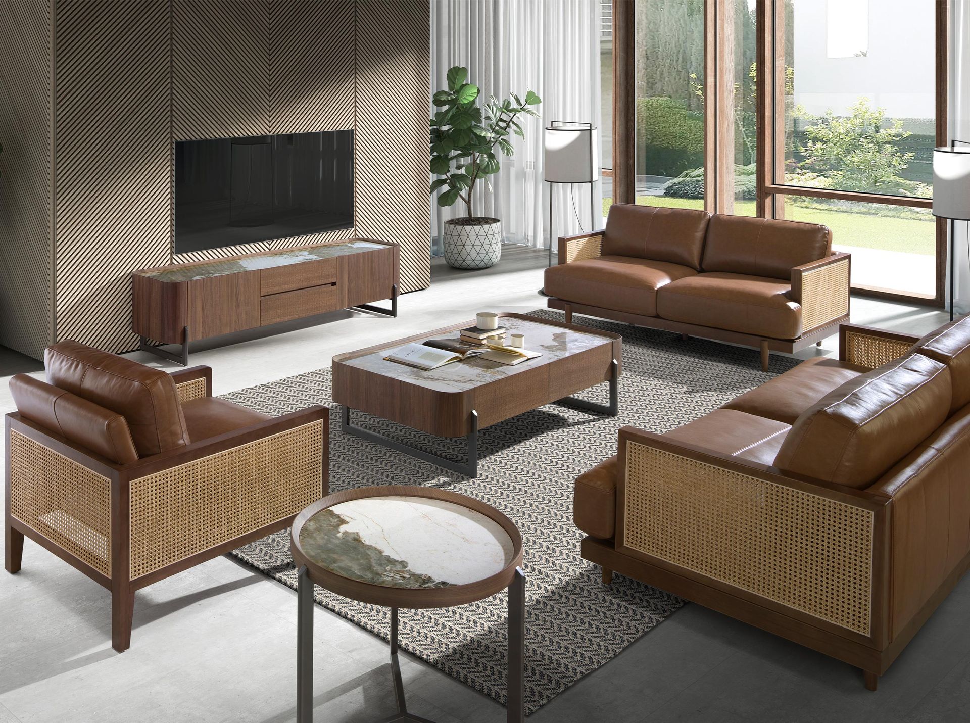 Walnut and dark metallised steel TV cabinet with porcelain marble top