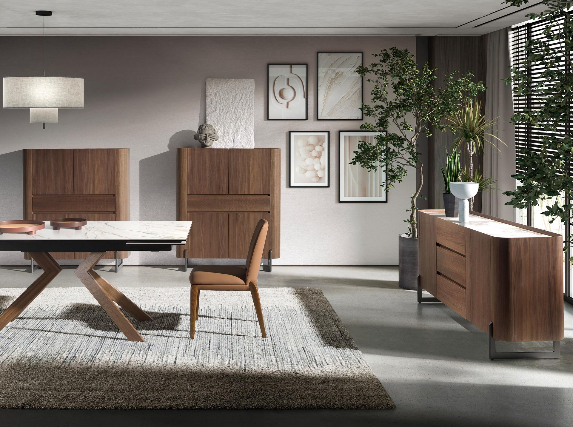 Walnut and dark metallised steel sideboard with porcelain marble top