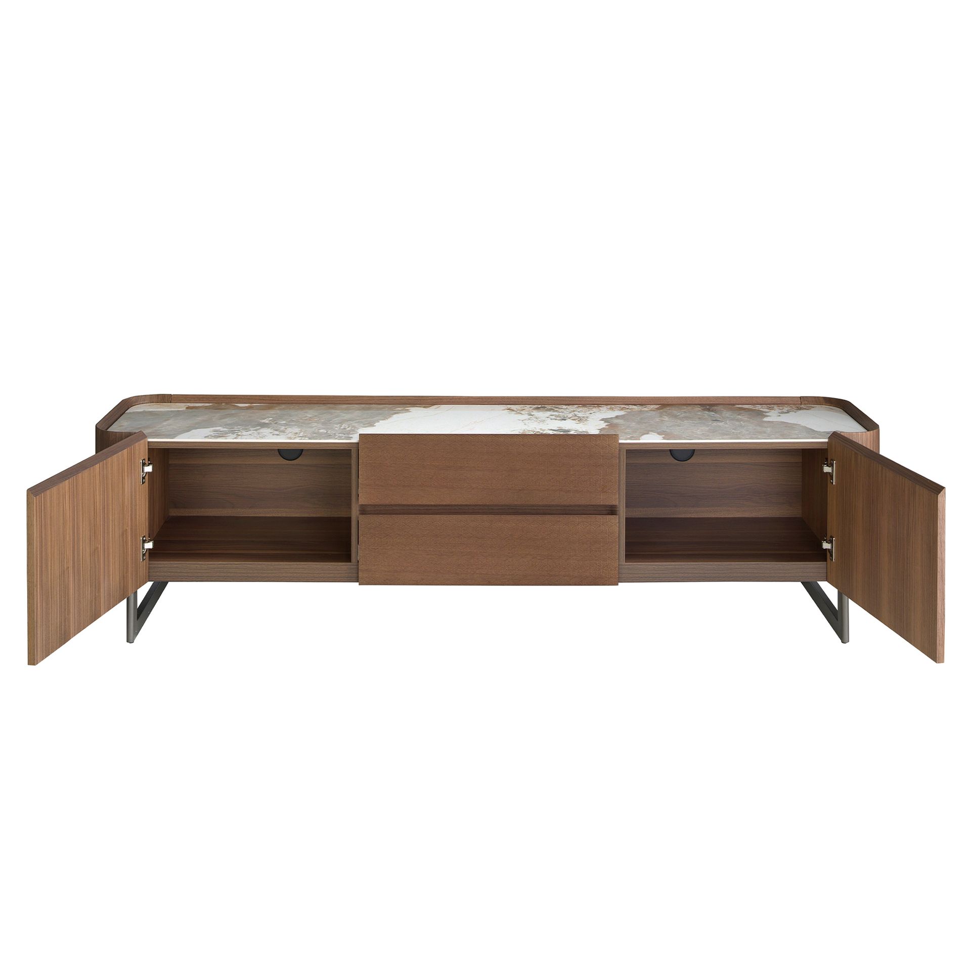 Walnut and dark metallised steel TV cabinet with porcelain marble top
