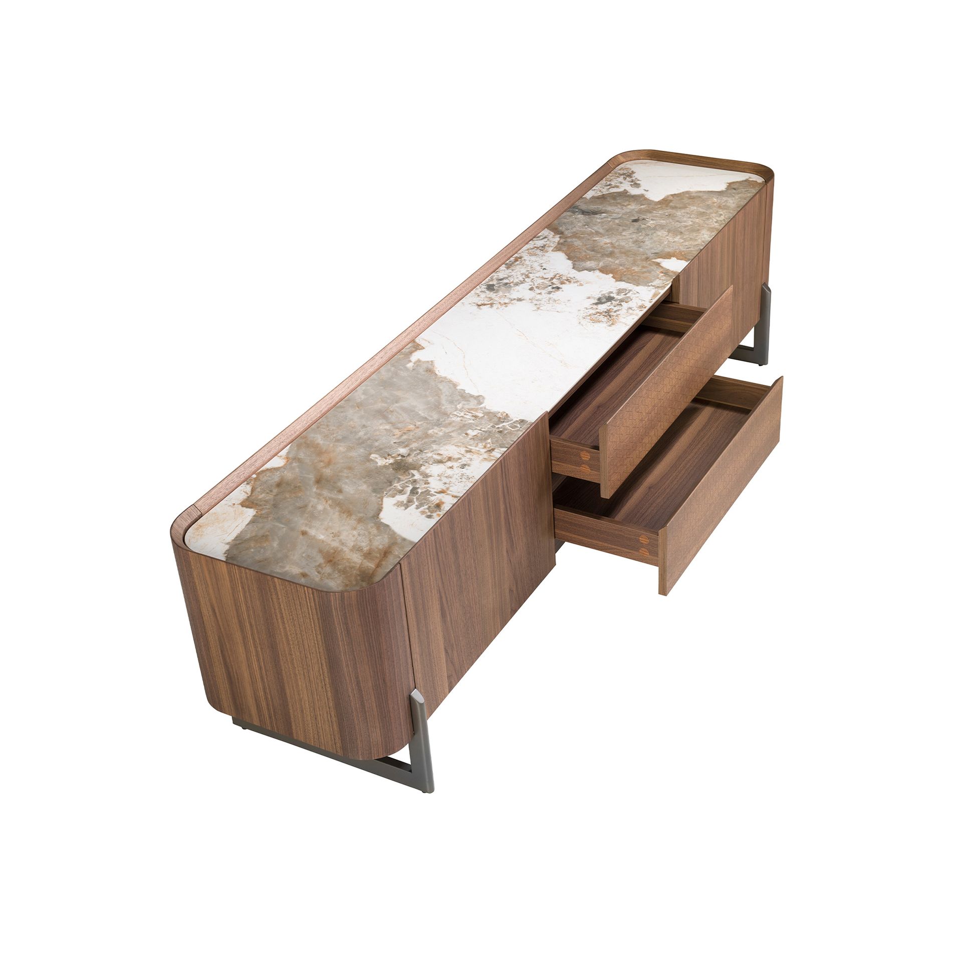 Walnut and dark metallised steel TV cabinet with porcelain marble top