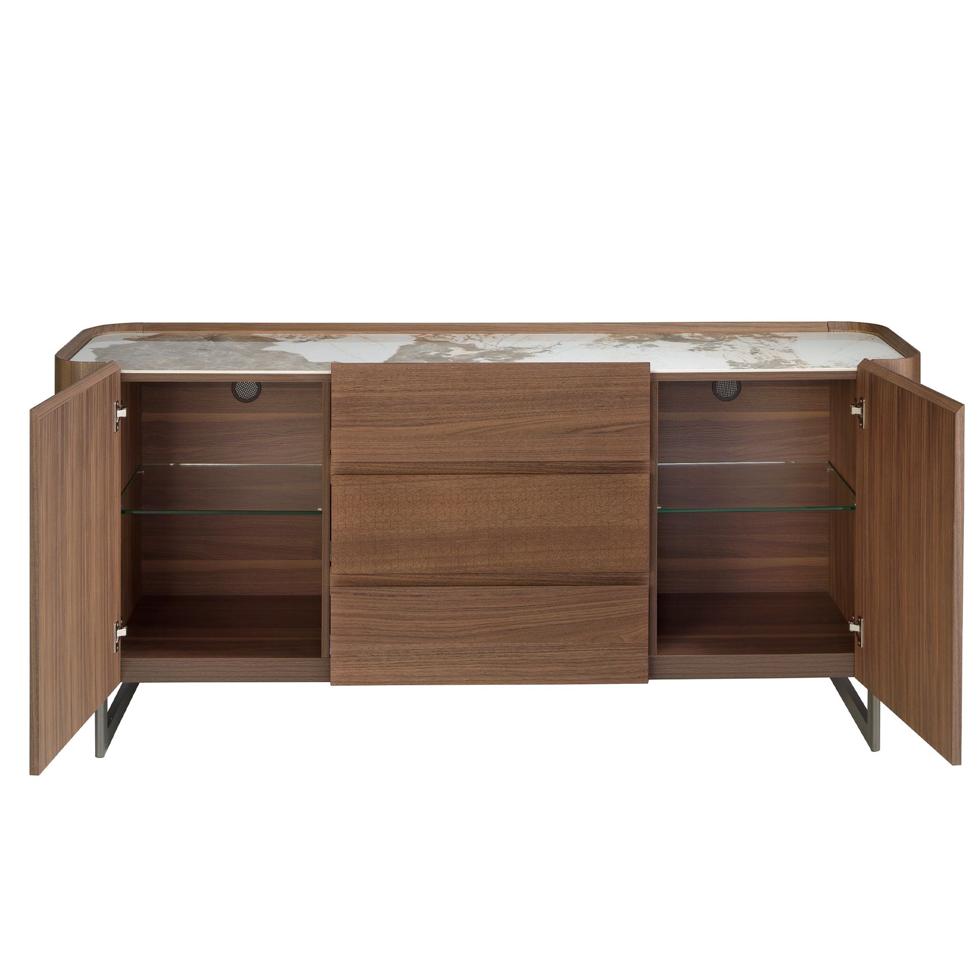 Walnut and dark metallised steel sideboard with porcelain marble top