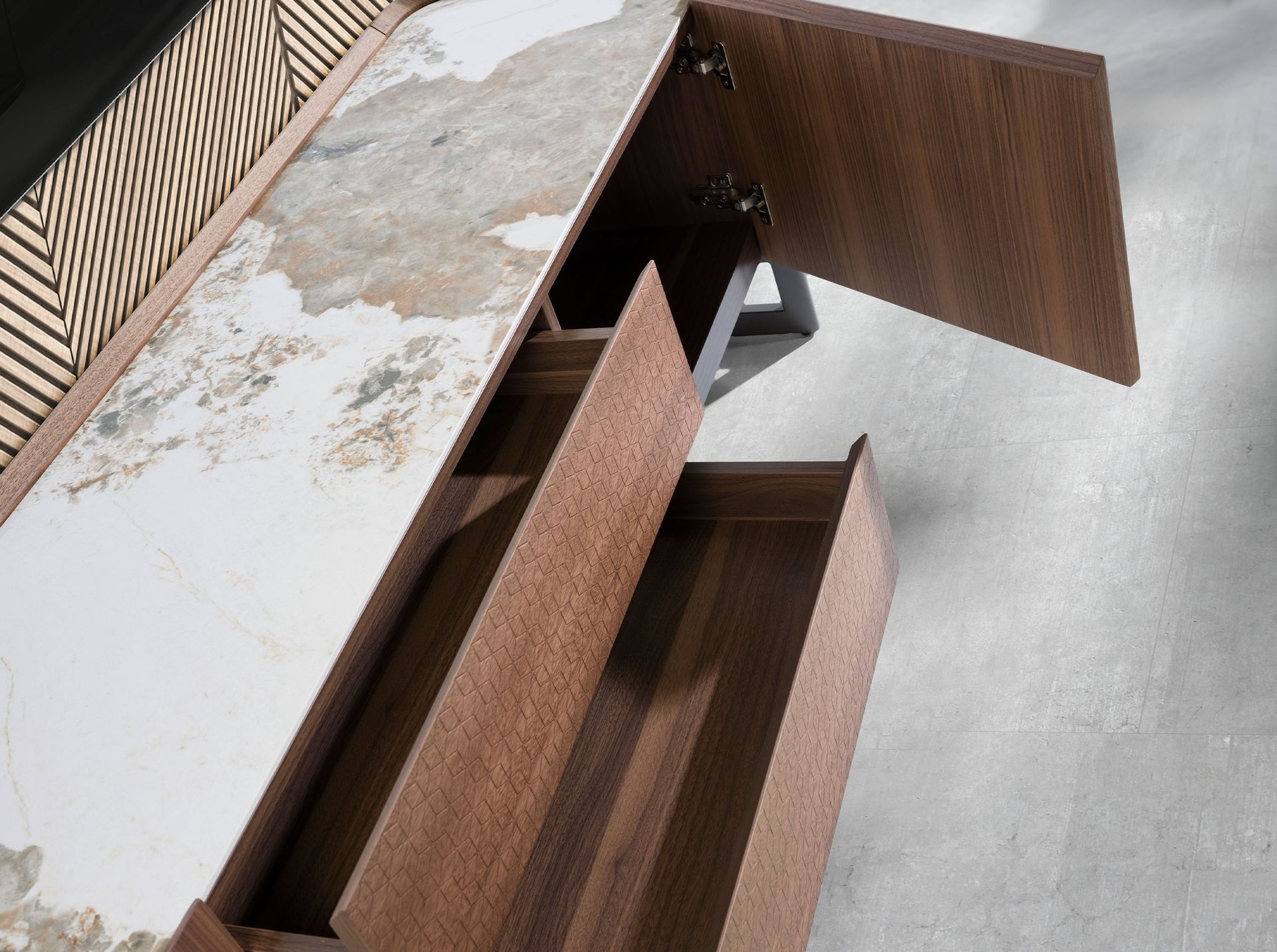 Walnut and dark metallised steel TV cabinet with porcelain marble top