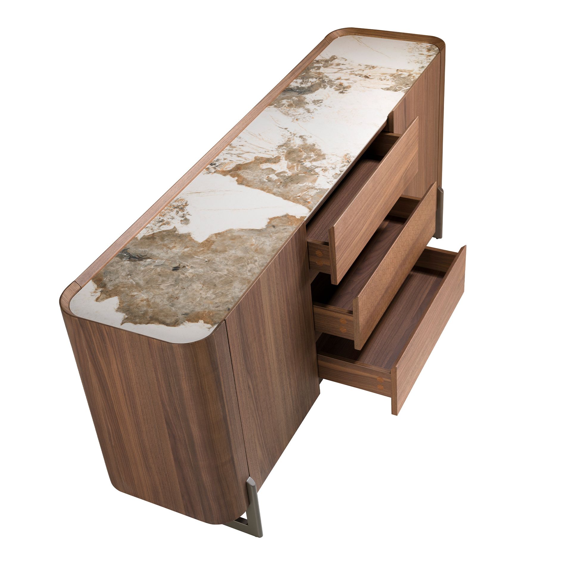 Walnut and dark metallised steel sideboard with porcelain marble top