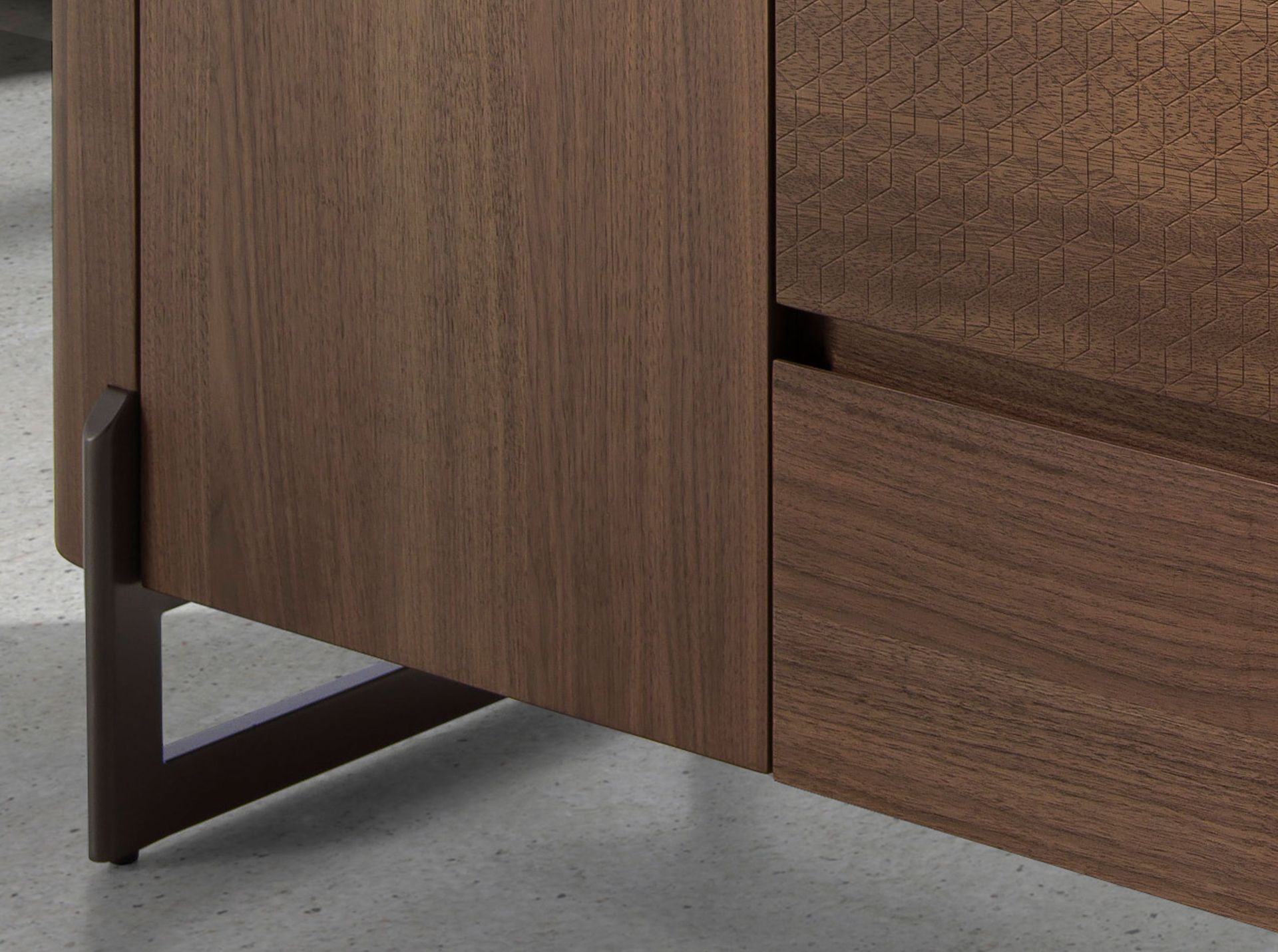 Walnut and dark metallised steel sideboard with porcelain marble top