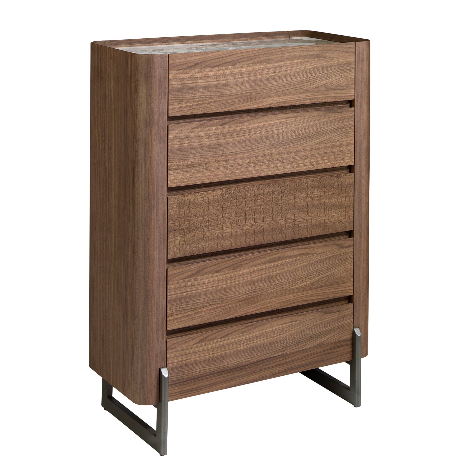 Walnut and metallic dark steel chiffonier with porcelain marble top
