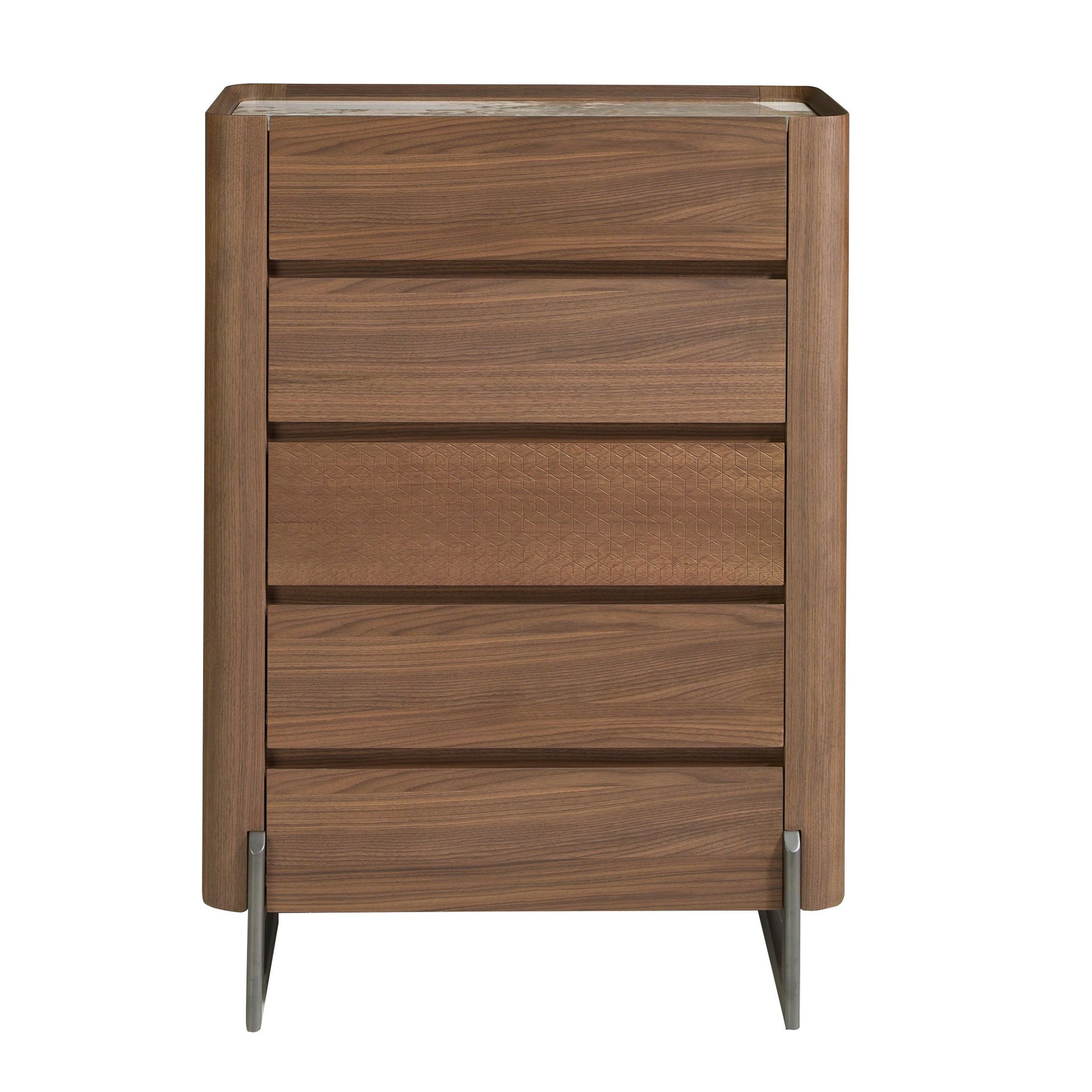 Walnut and metallic dark steel chiffonier with porcelain marble top