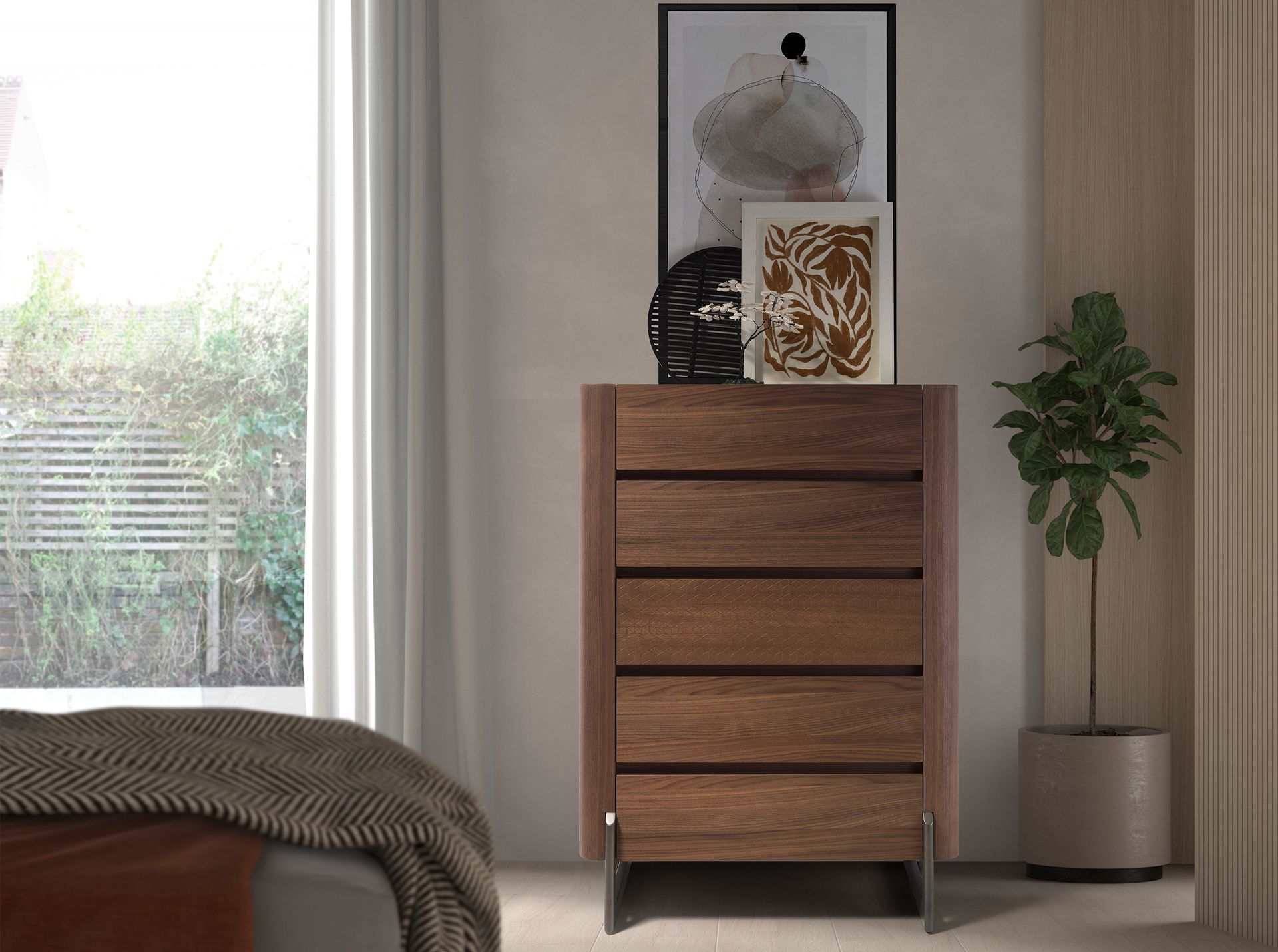 Walnut and metallic dark steel chiffonier with porcelain marble top