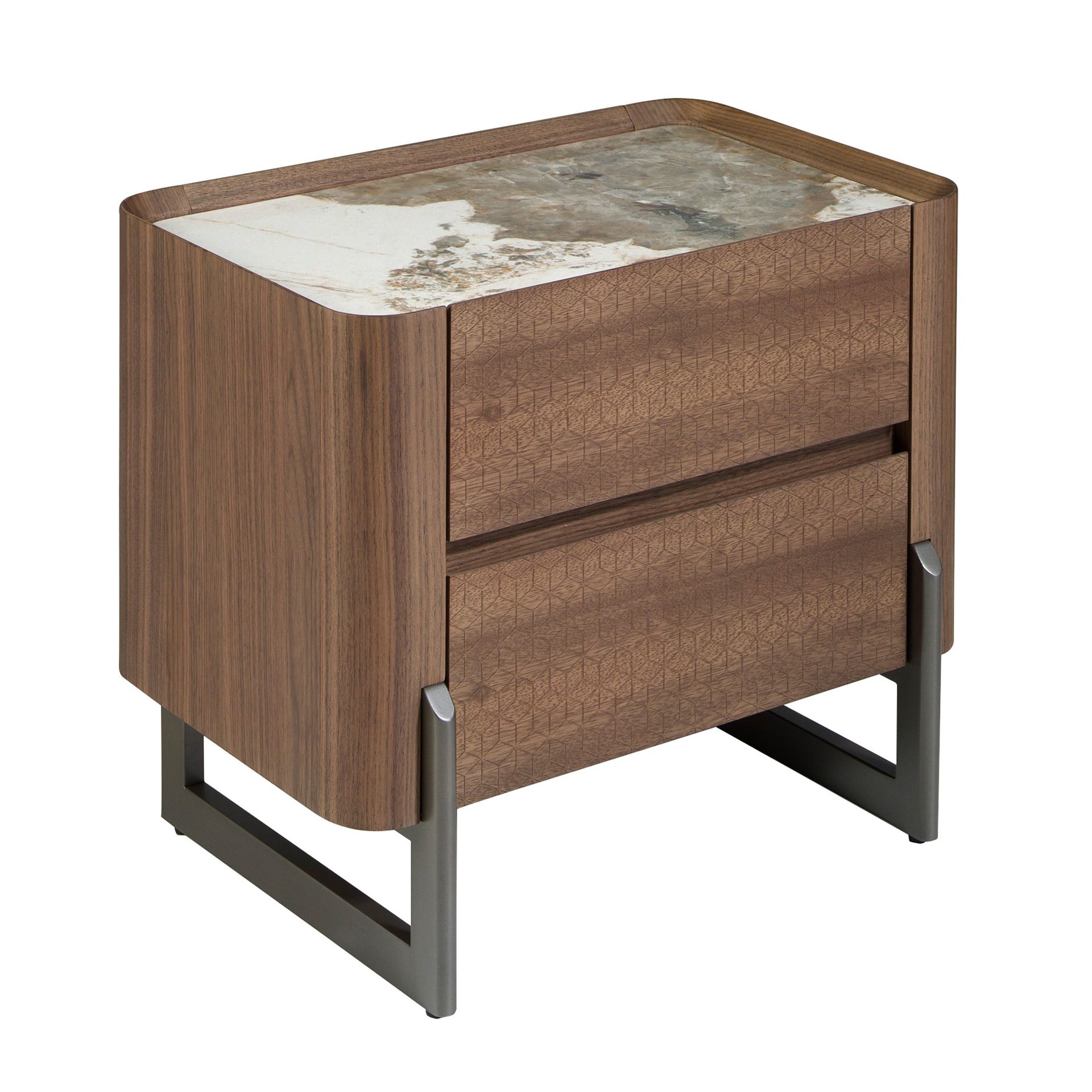Walnut and metallised dark steel bedside table with porcelain marble top