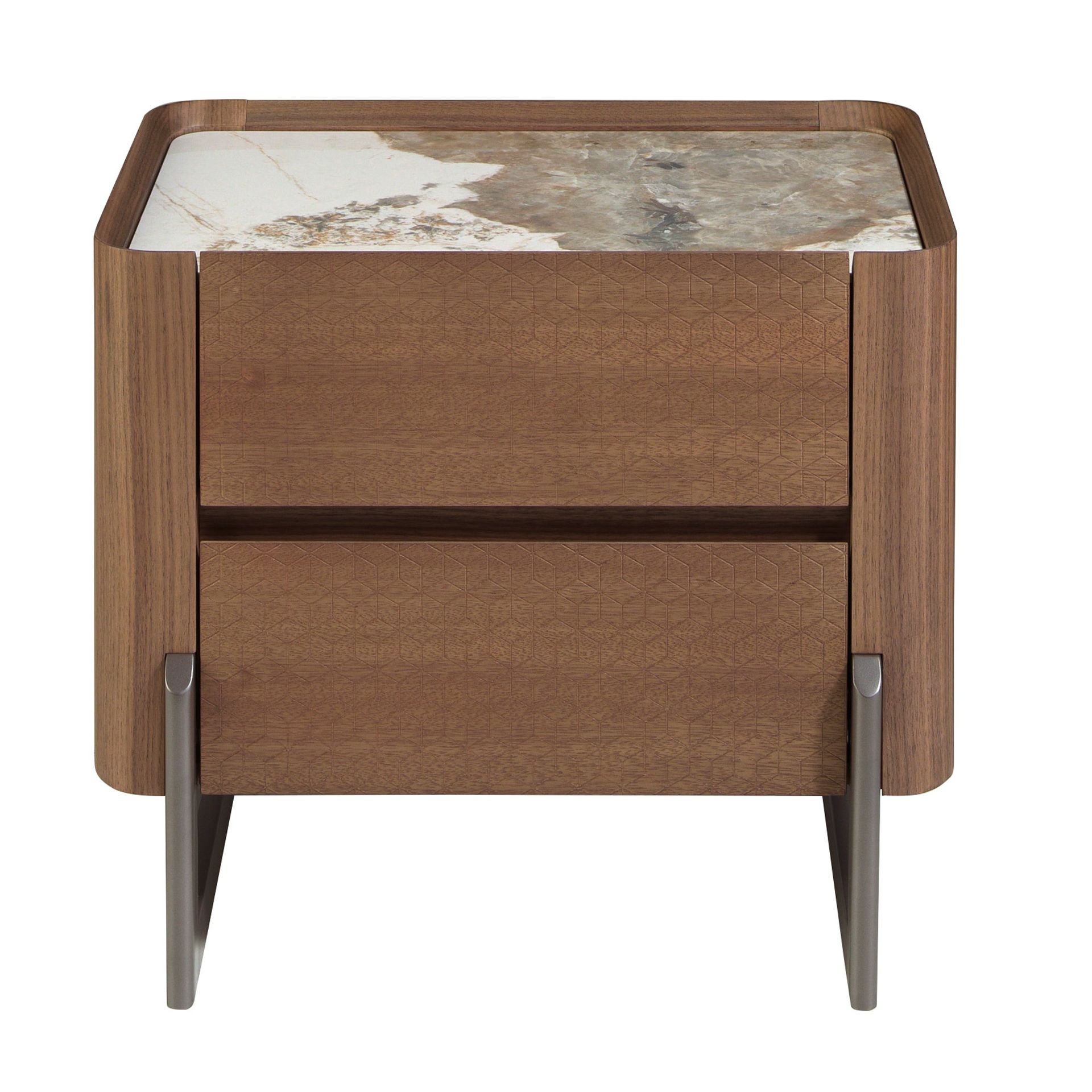 Walnut and metallised dark steel bedside table with porcelain marble top