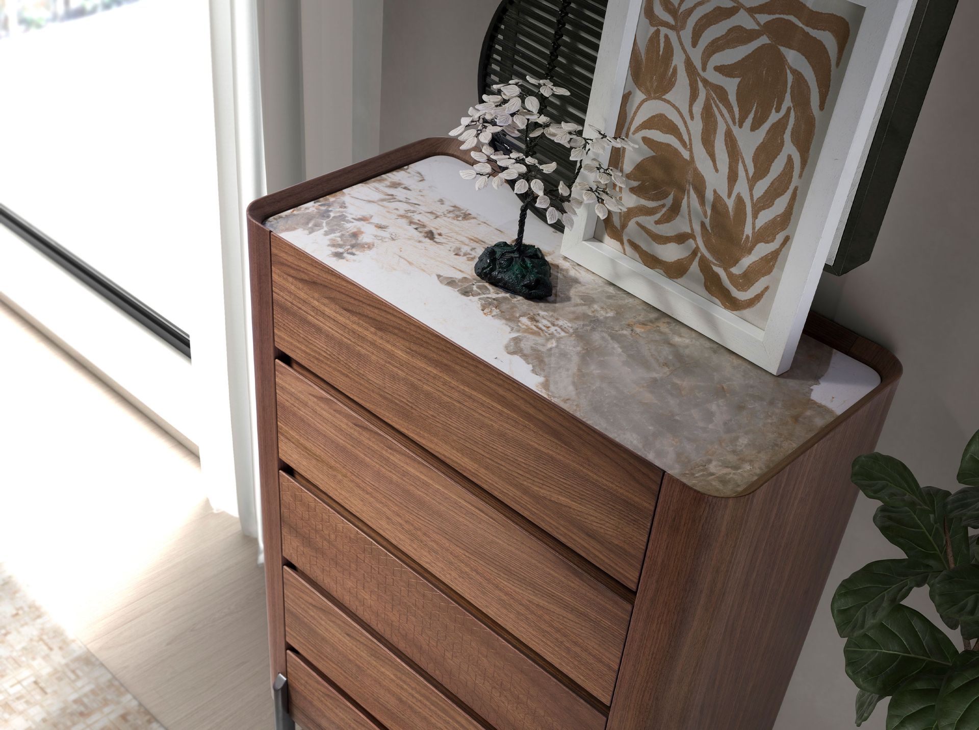 Walnut and metallic dark steel chiffonier with porcelain marble top