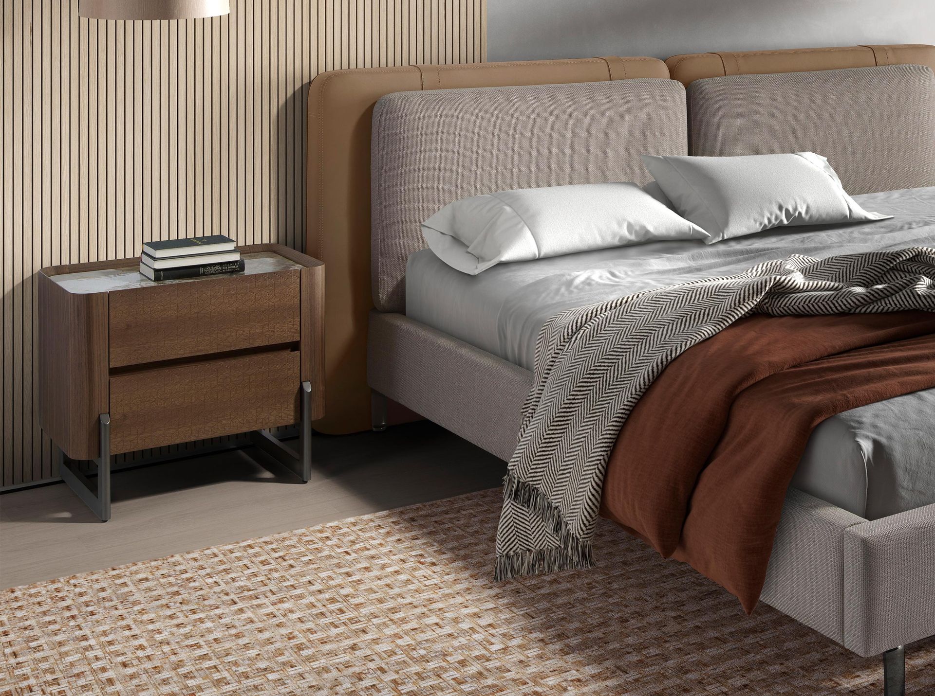 Walnut and metallised dark steel bedside table with porcelain marble top