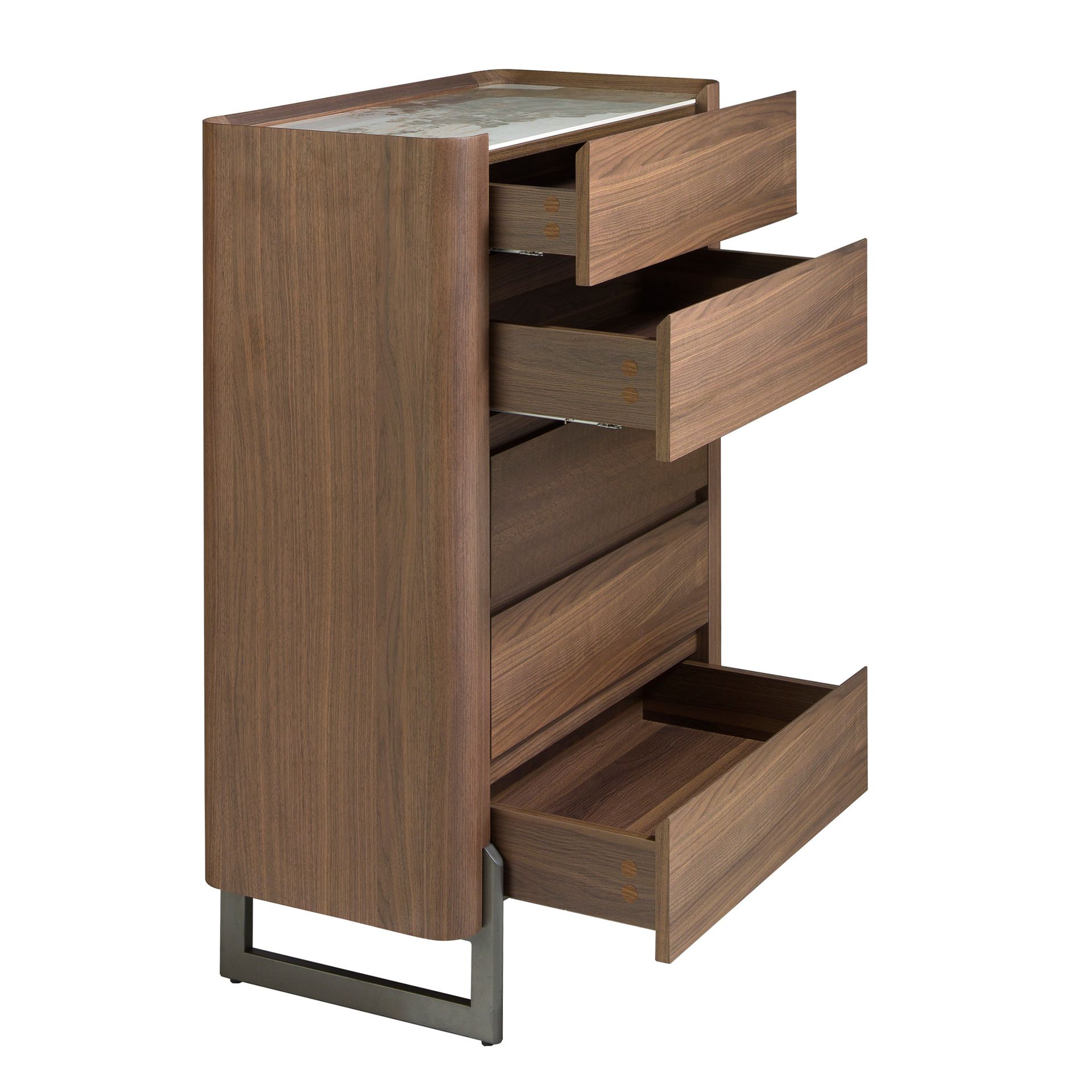 Walnut and metallic dark steel chiffonier with porcelain marble top