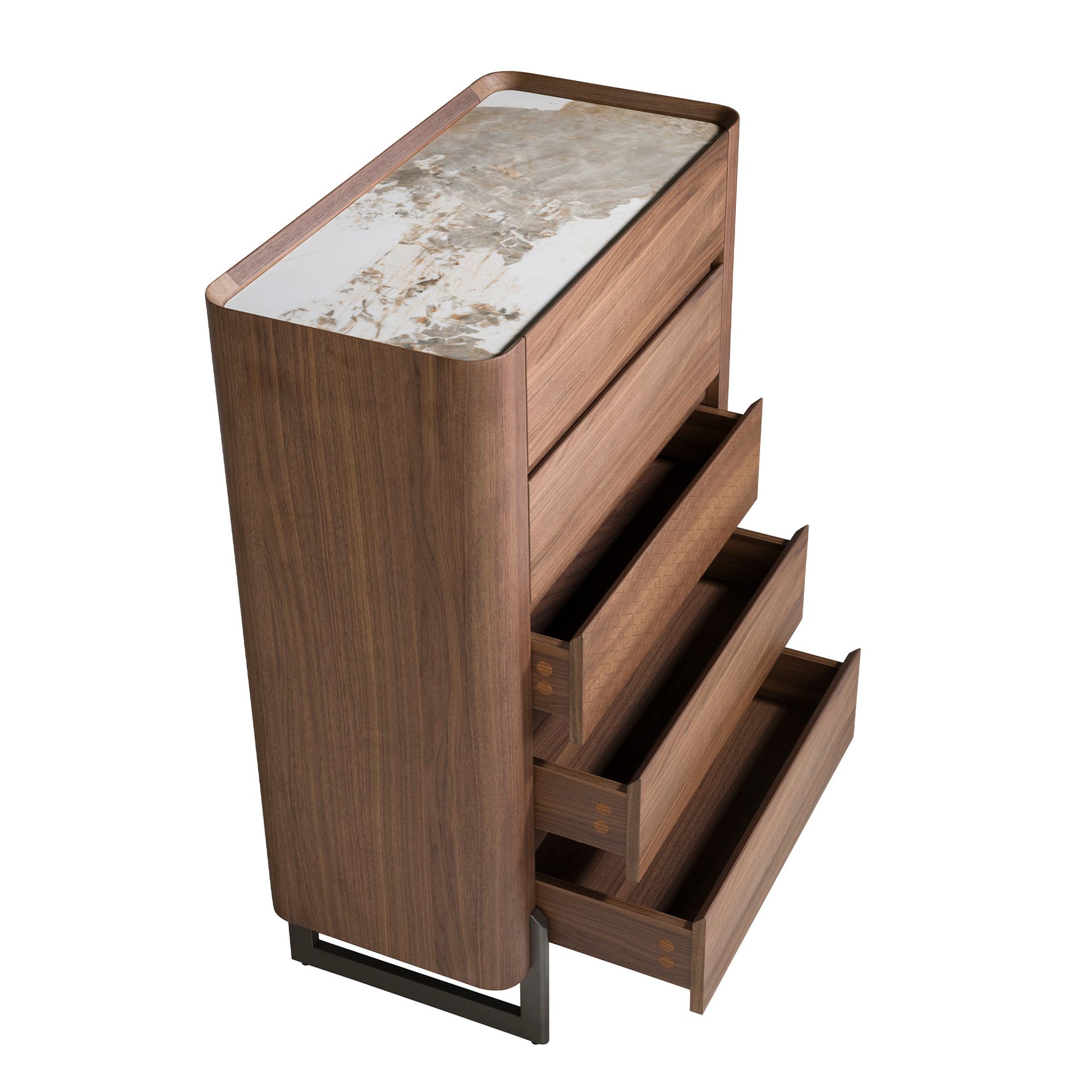 Walnut and metallic dark steel chiffonier with porcelain marble top