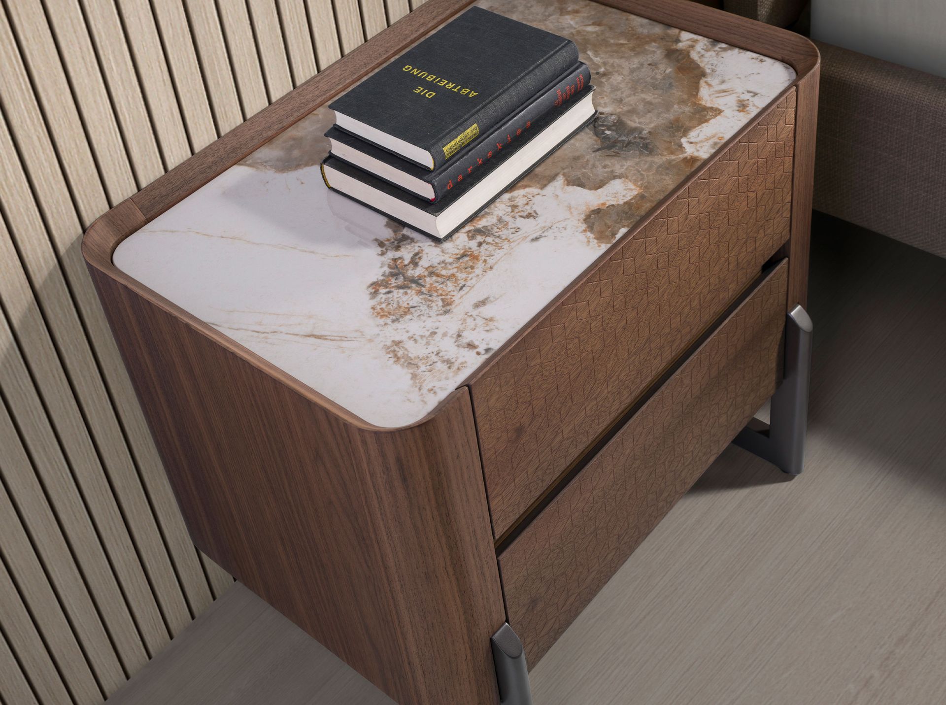 Walnut and metallised dark steel bedside table with porcelain marble top