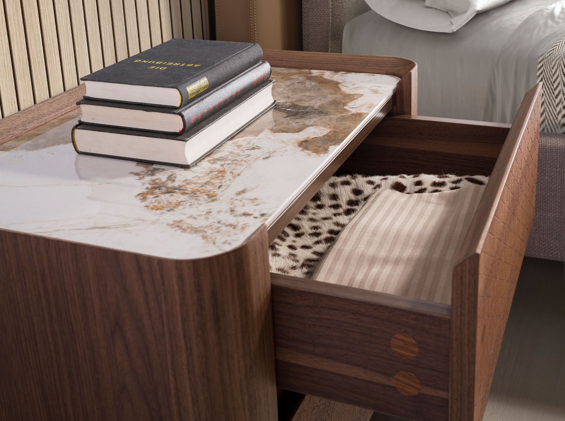 Walnut and metallised dark steel bedside table with porcelain marble top
