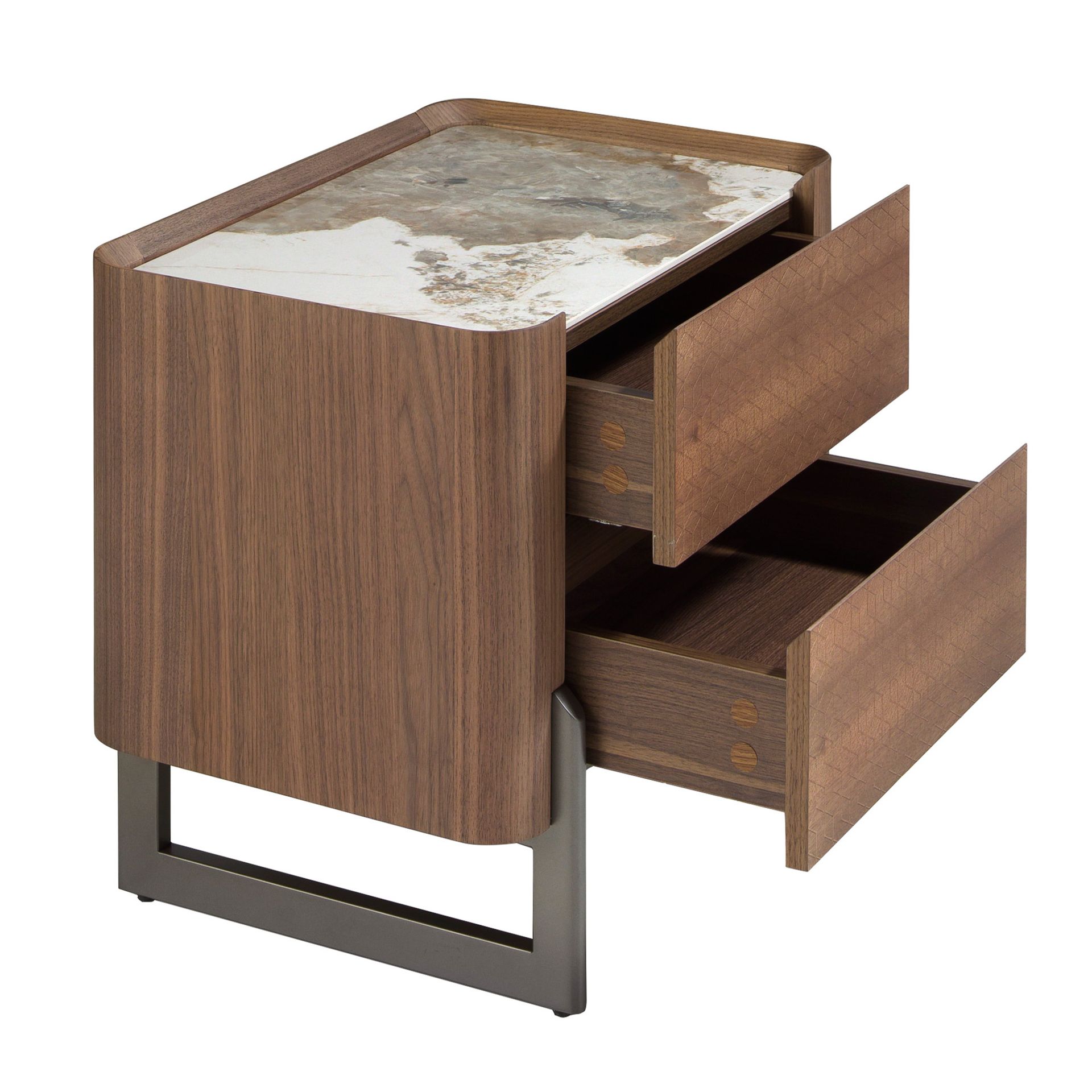 Walnut and metallised dark steel bedside table with porcelain marble top